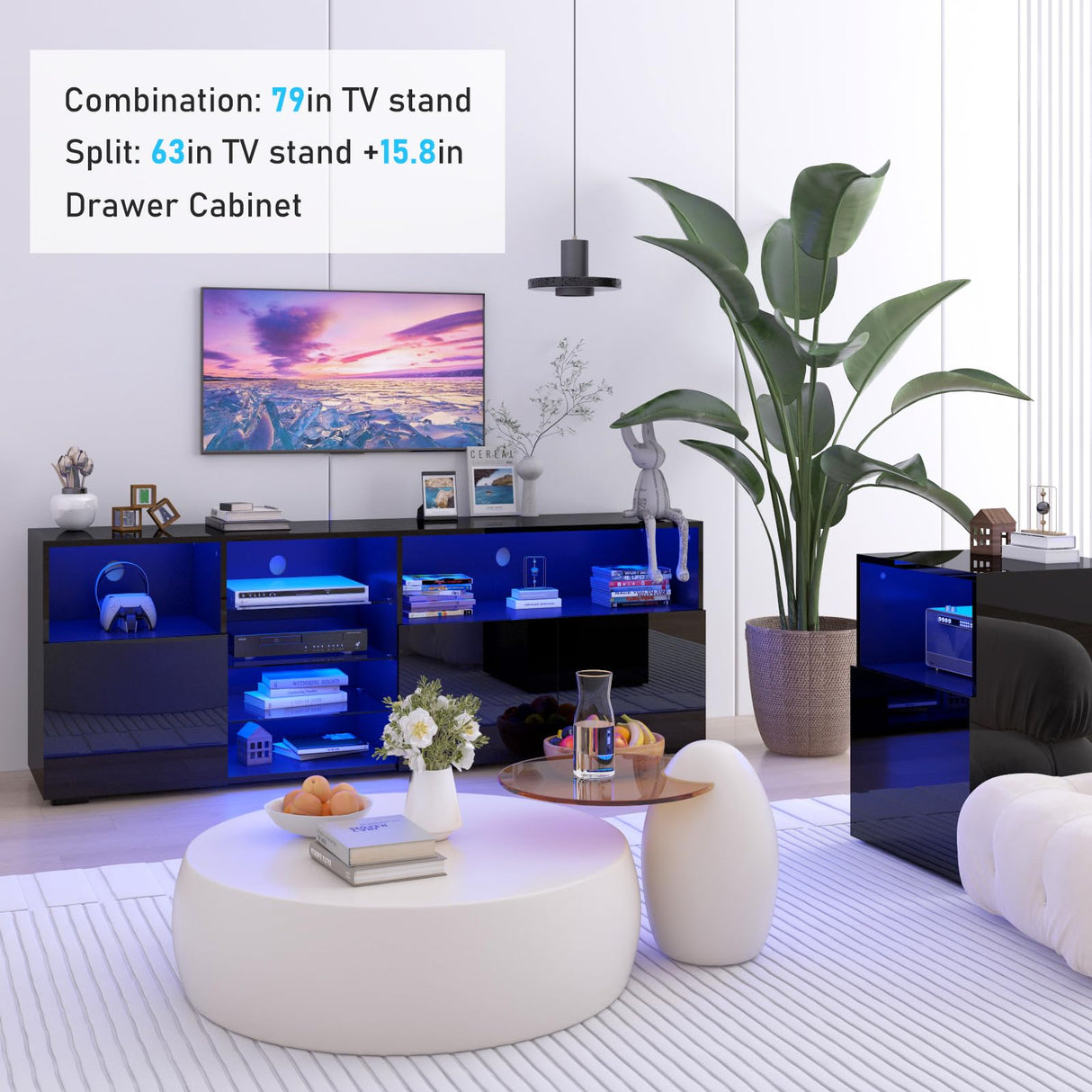 Hlivelood LED TV Stand for 85/75/65 Inch TV, High Glossy Modern TV Console Entertainment Center with Storage and LED Lights for Living Room, Bedroom, Black Hlivelood