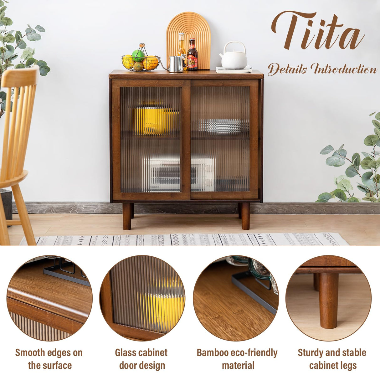 Tiita Bamboo Sideboard Buffet Cabinet, Rattan Kitchen Storage Cabinet, Boho Coffee Bar Tables for Kitchen Living Room Hallway Office, Walnut Tiita