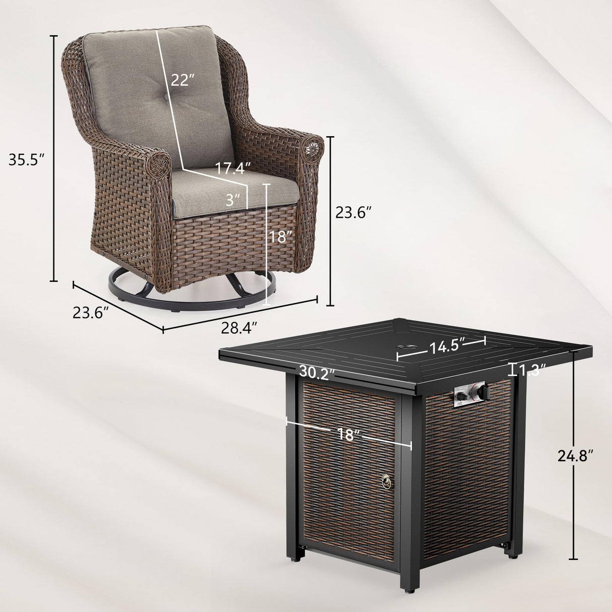 Bellefurn Patio Resin Wicker Furniture Set with Fire Pit Table, PE Rattan Swivel Patio Chairs with Propane Fire Pit Table, Brown Wicker 5PCS Patio Conversation Set Bellefurn