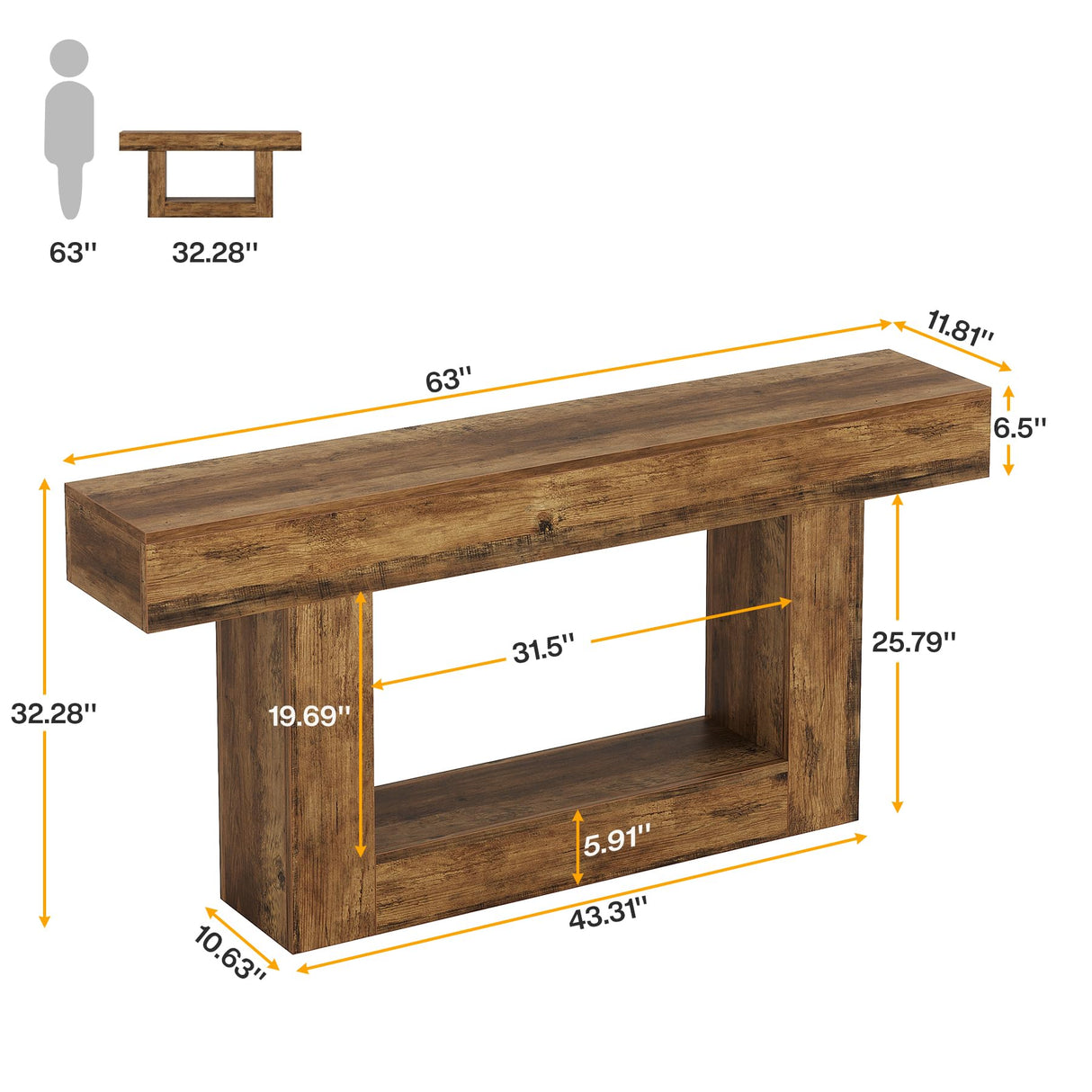 Tribesigns 63" Console Table, Farmhouse 2-Tier Entryway Table with U-Shaped Base, Narrow Long Wood Sofa Table Behind Couch Table for Living Room, Hallway, Foyer, Vintage Brown Tribesigns