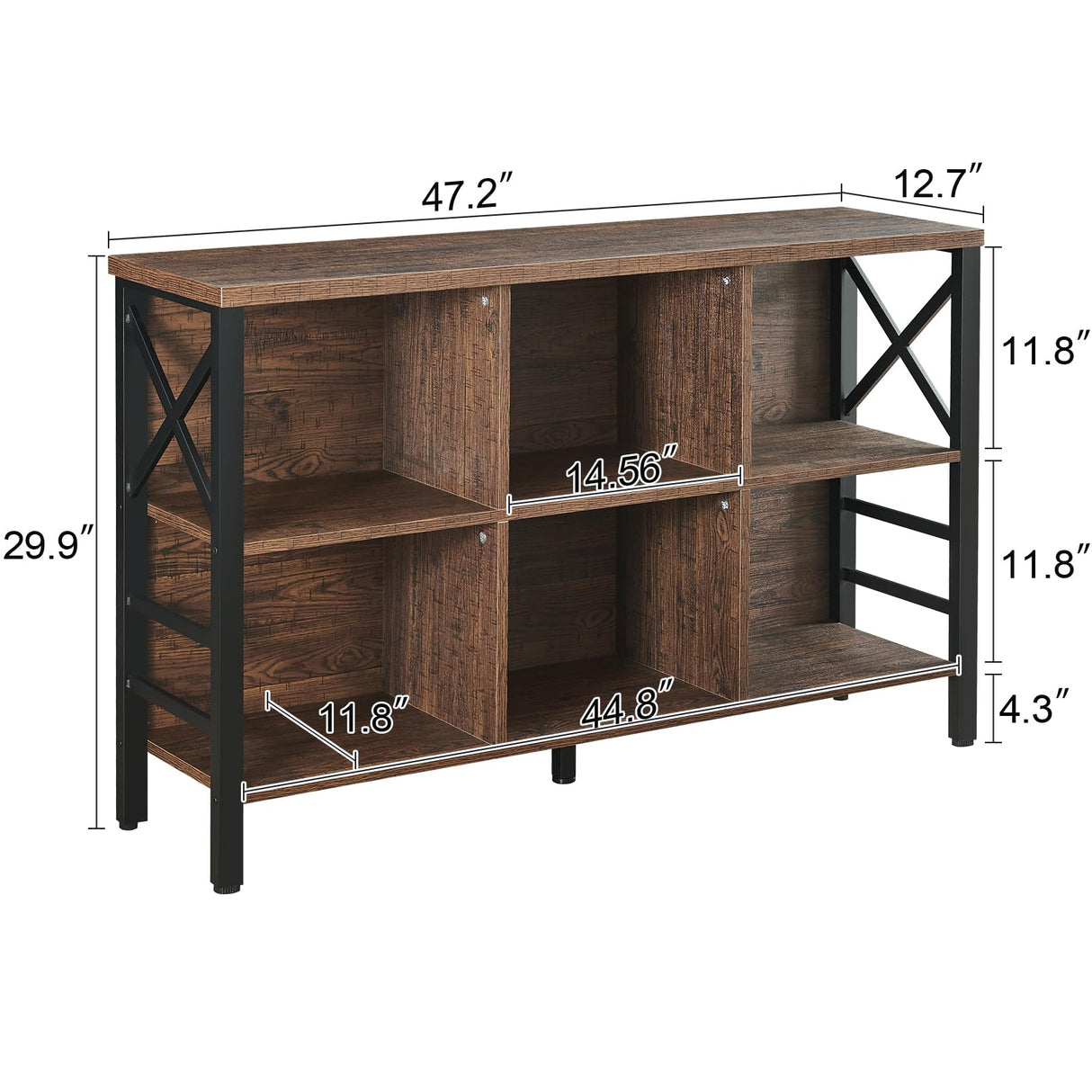 HOMBAZAAR Cube Storage Organizer Shelf, Industrial Horizontal Bookshelf with 6 Cubes, Rustic Low Cubby Bookcase with 3 Shelves, Short Wide Book Case for Office,Living Room,Apartment,Brown HOMBAZAAR