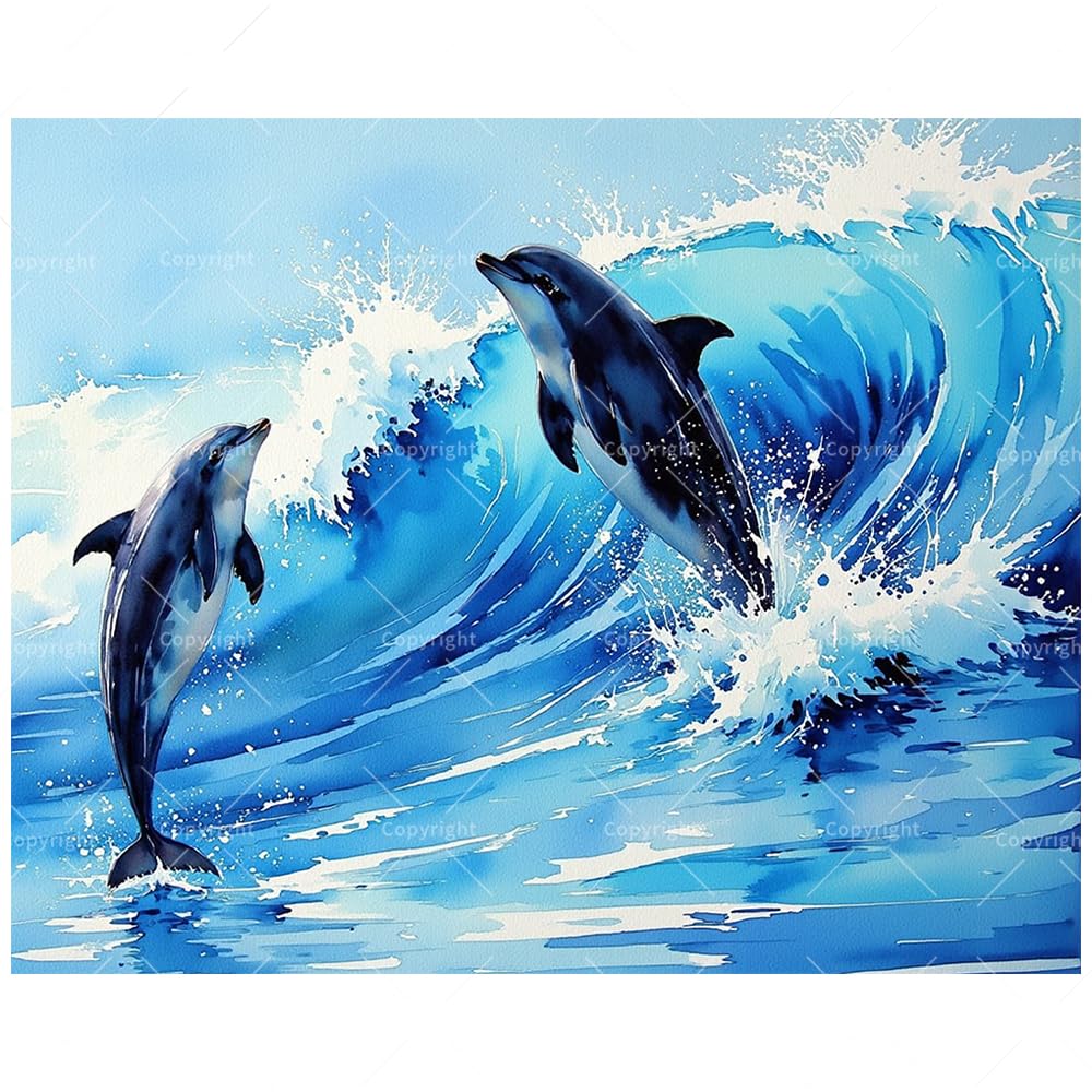 Marine Life Paint by Numbers Kit for Adults - DIY Dolphins Surfing Ocean Waves Painting on Canvas 16x20 Inches, Acrylic Paint Set, Suitable for Beginners, Sea Art for Home Decoration or Gifts DecorFriday