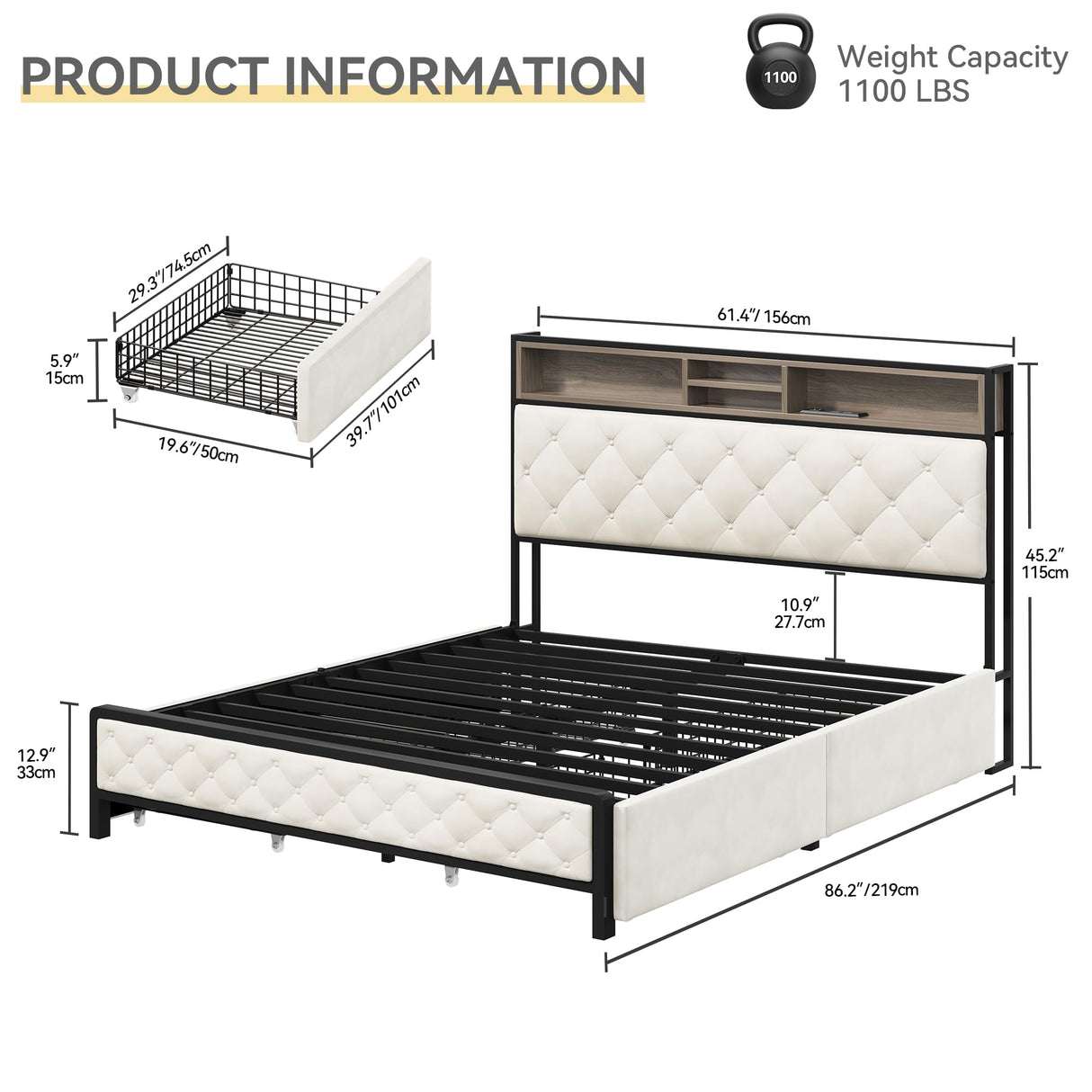 DWVO Queen Size Storage Bed Frame with 4-Drawer, Upholstered Platform Bed Frame with USB Charging Ports & Bookcase Headboard, Simple Setup, No Requirement for Box Spring (Beige) DWVO