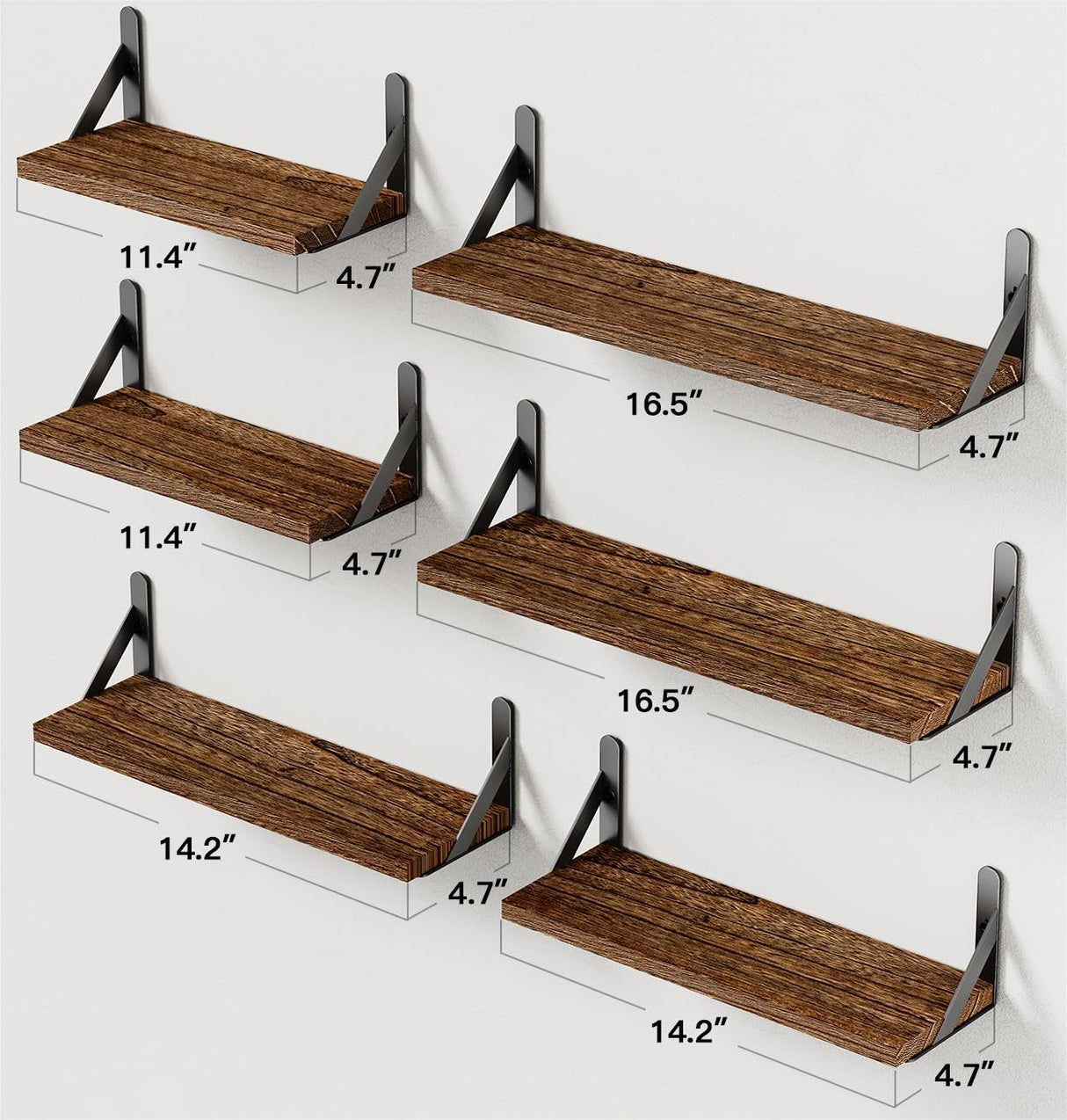 AMADA HOMEFURNISHING Wall Shelves Set of 6, Wood Floating Shelves for Wall Decor, Rustic Farmhouse Wall Shelves for Bedroom, Bathroom Shelves for Wall Storage, Book Shelves for Living Room, Brown AMADA HOMEFURNISHING