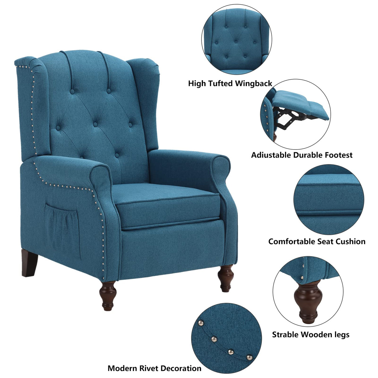 VUYUYU Wingback Recliner Chair, Push Back Arm Chair with Heat and Massage, Tufted Single Sofa for Home, Living Room, Office, Bedroom (Blue) VUYUYU