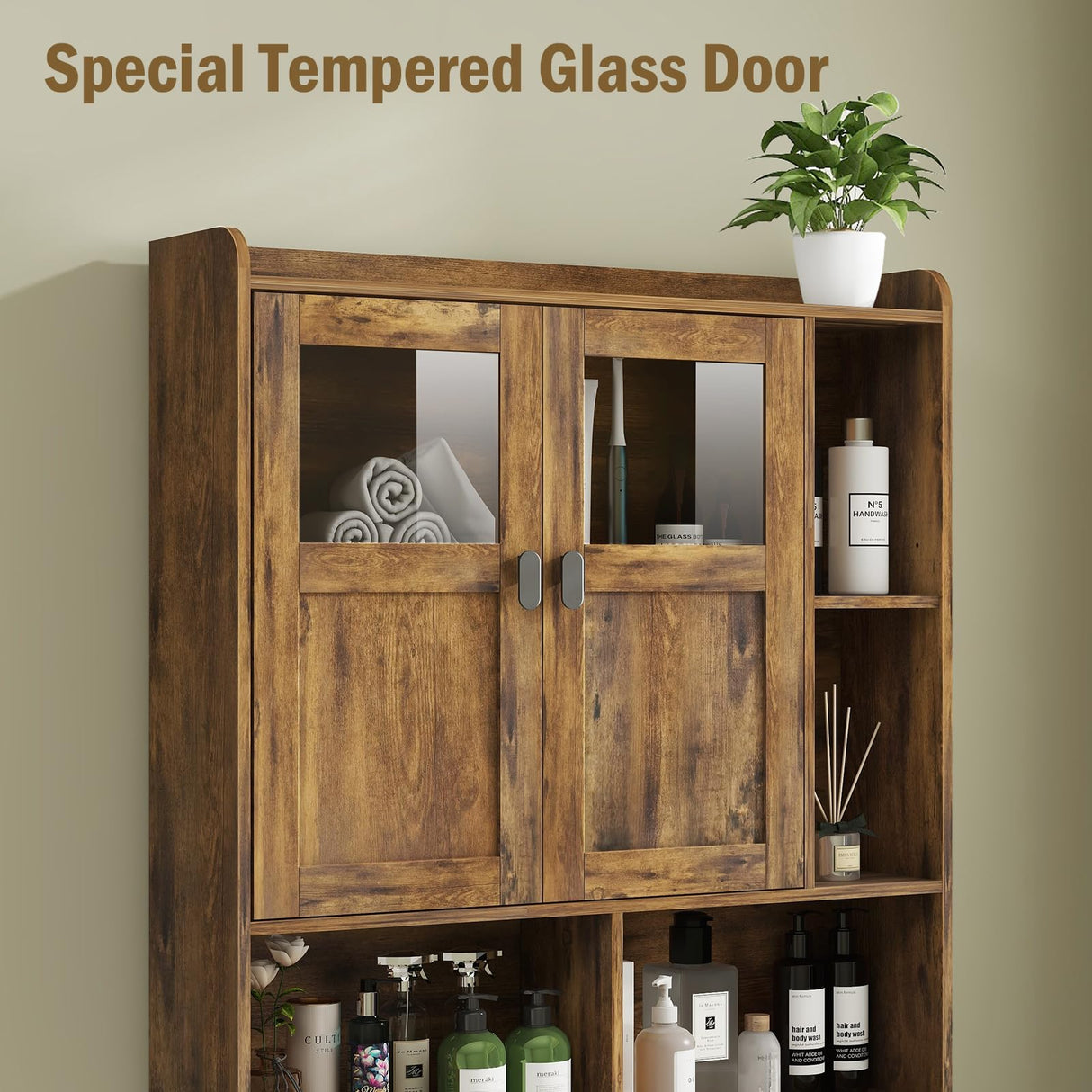 Vabches Over The Toilet Storage Cabinet, Bathroom Shelf Over Toilet with Glass Doors and Adjustable Shelves, Brown Freestanding Home Space Save Toilet Rack, for Restroom, Bathroom, Laundry Vabches