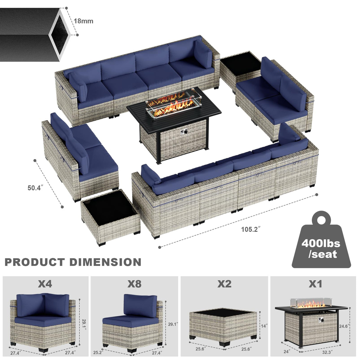 Sweecci 15-Piece Patio Furniture Set, Outdoor Patio Furniture with 55,000 BTU Fire Pit Table, Thick Cushions, Modular Patio Sofa, Dual-Strand Wicker Rattan, Rust-Resistant Frame, Navy Blue Sweecci