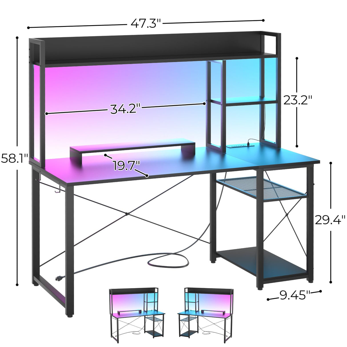 Cyclysio Gaming Desk with Hutch, 47'' Computer Desk with LED Lights & Power Outlets, Home Office Desk with Reversible 5 Tiers Storage Shelves & Monitor Stand, Small Gaming Table for Small Space, Black Cyclysio