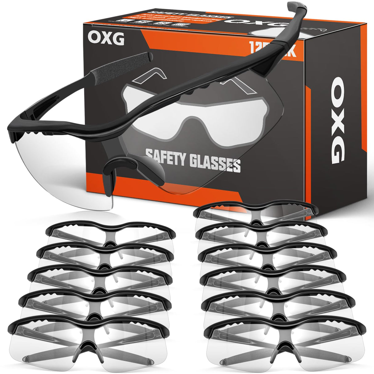 OXG 12 Pack Safety Glasses, ANSI Z87.1 Impact Resistant Anti-Scratch Safety Goggles for Men Women Youth (Clear) OXG