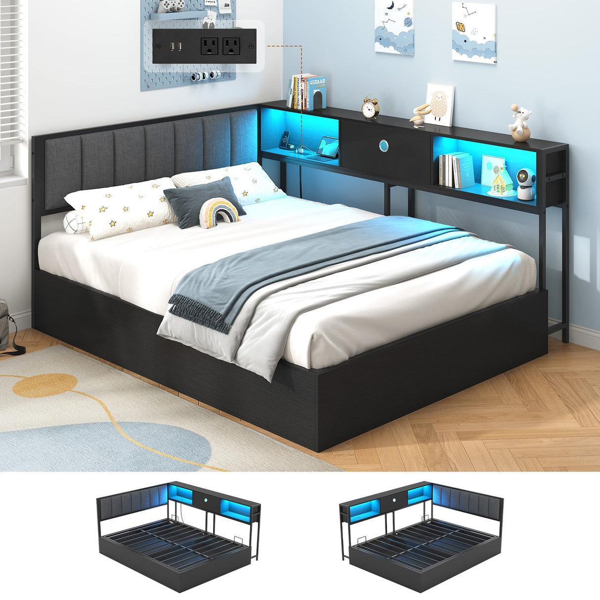 Hasuit Corner Full Lift Up Storage Bed Frame with Charging Station & LED Lights, Full Day Bed with Upholstered Headboard and Bookcase, Corner Beds with Hydraulic for Kids Teens Guests, Black Hasuit