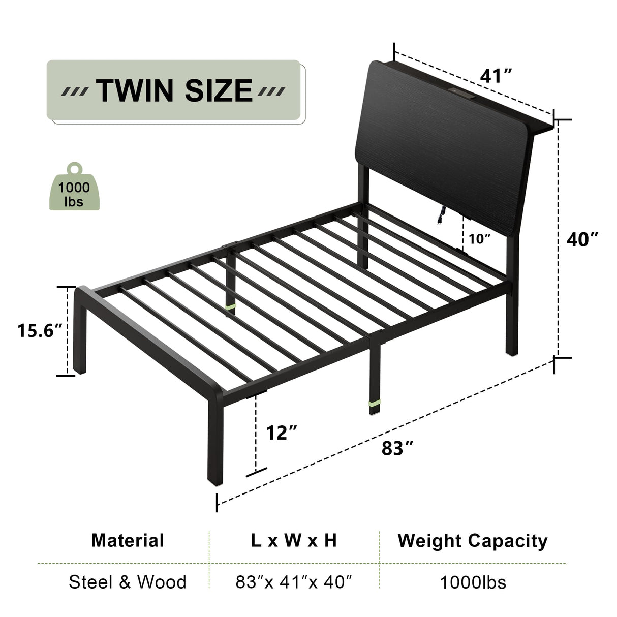 Feonase Twin Bed Frame with Ergonomic Storage Headboard & Charging Station, LED Platform Bed Frame, Heavy Duty Metal Slats, No Box Spring Needed, Easy Assembly, Black Feonase