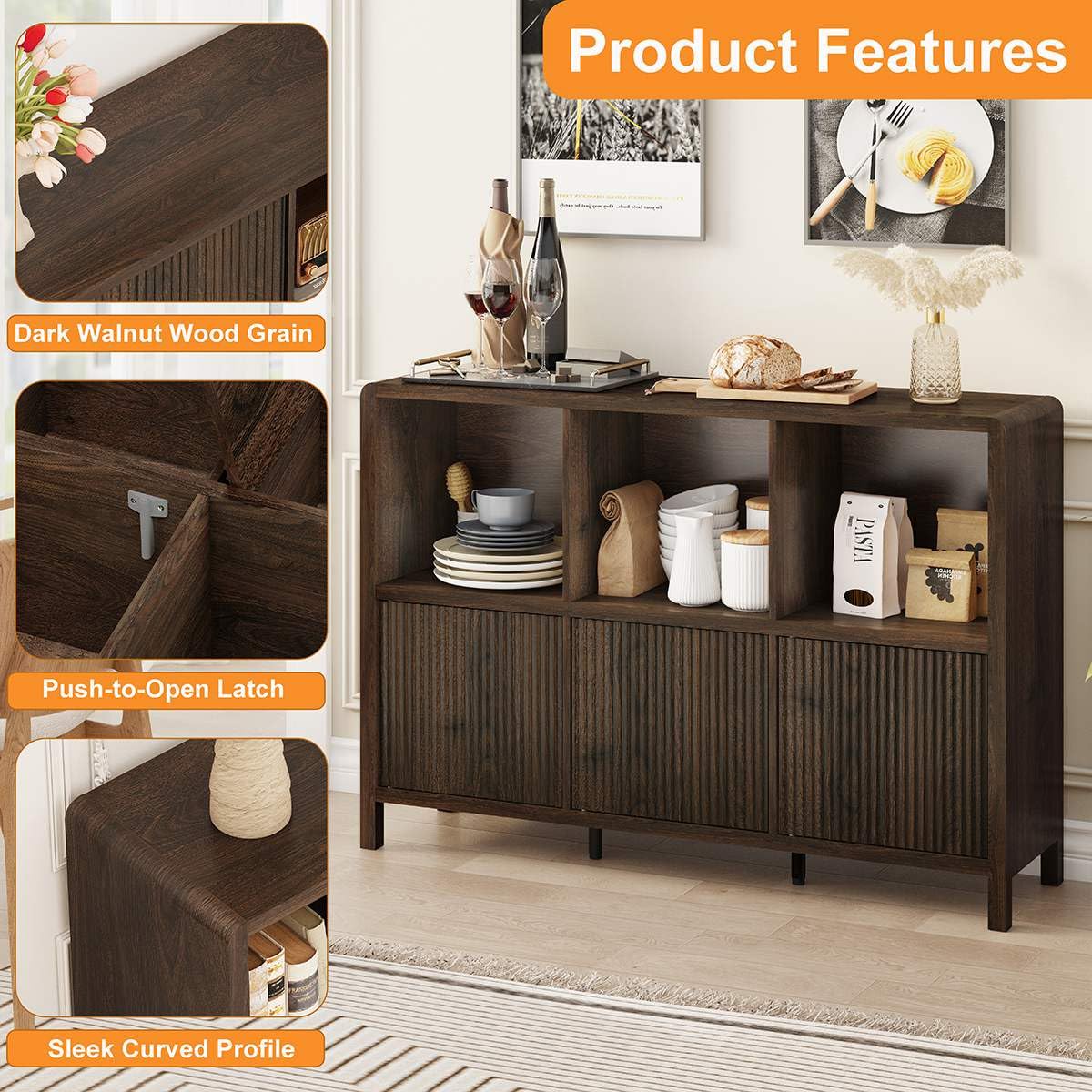 FATORRI 6 Cube Storage Organizer Book Shelf, Horizontal Bookshelf with 3 Doors, 3 Tier Wooden Bookcase for Living Room, Home Office (Dark Walnut) FATORRI