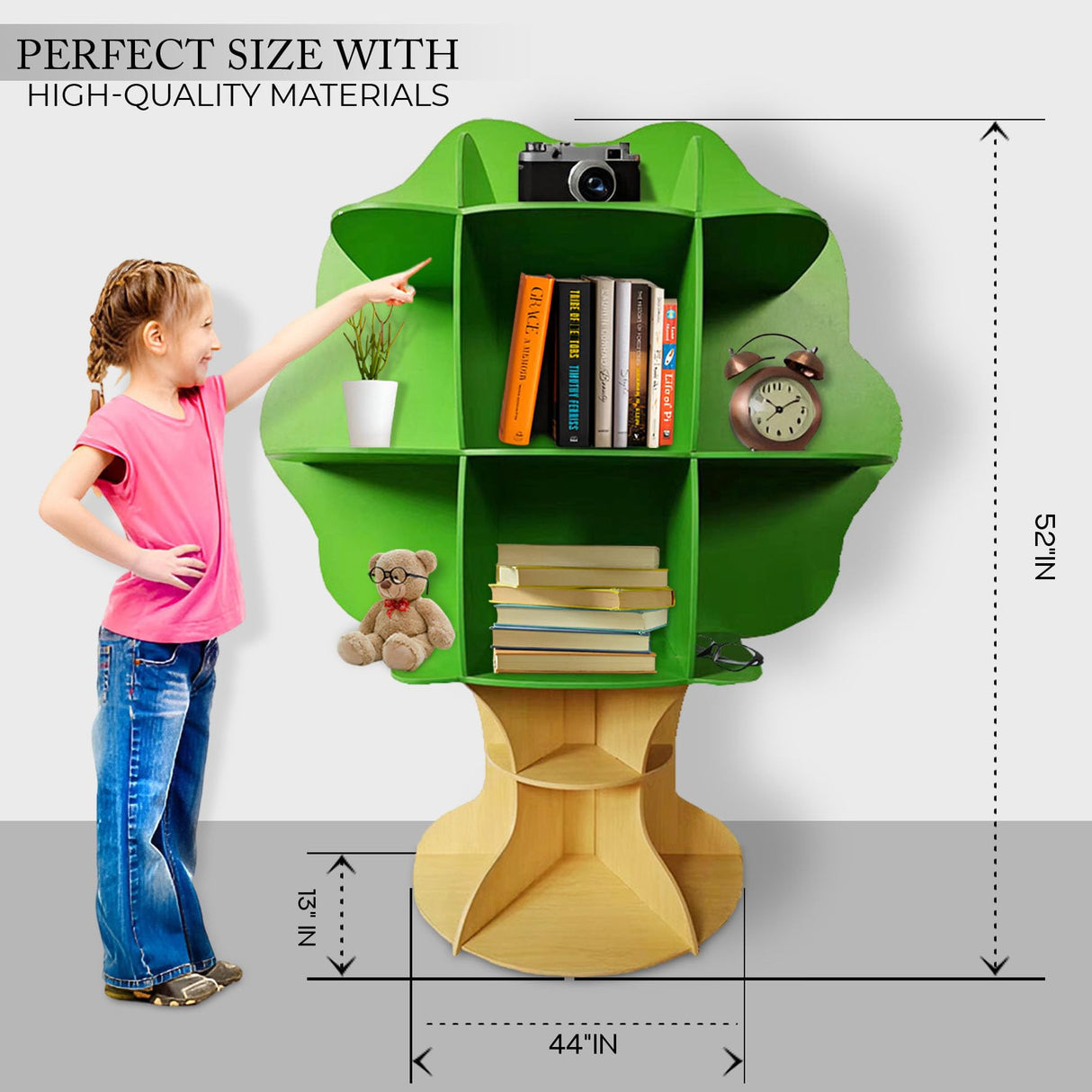 PrimeNex Tree Bookshelf, Floor Standing Tree Bookcase, Solid Wood Bookshelf for Kids Room, Classroom, Living Room, Home Office - Green PrimeNex