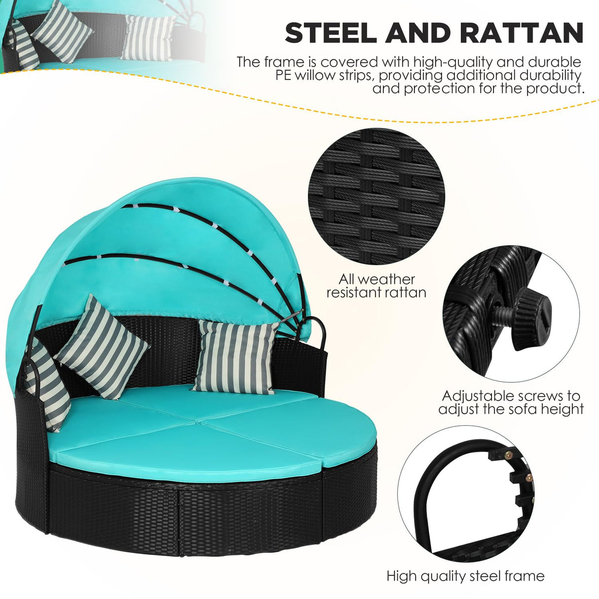 PayLessHere Outdoor Round Daybed Wicker Patio Furniture Outdoor Furniture with Retractable Canopy Rattan Separated Seating Sectional Sofa Washable Cushioned and Three Pillow for Patio Backyard (Blue) PayLessHere