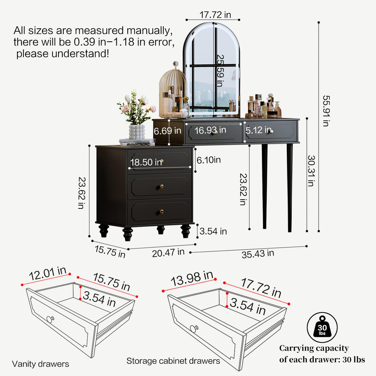 YYJ Vanity Desk with Mirror and Lights,Makeup Vanity with Power Outlet and Adjustable Cabinet,Modern Makeup Table with 3 Drawers for Bedroom Makeup Room,Writing Desk Black YYJ
