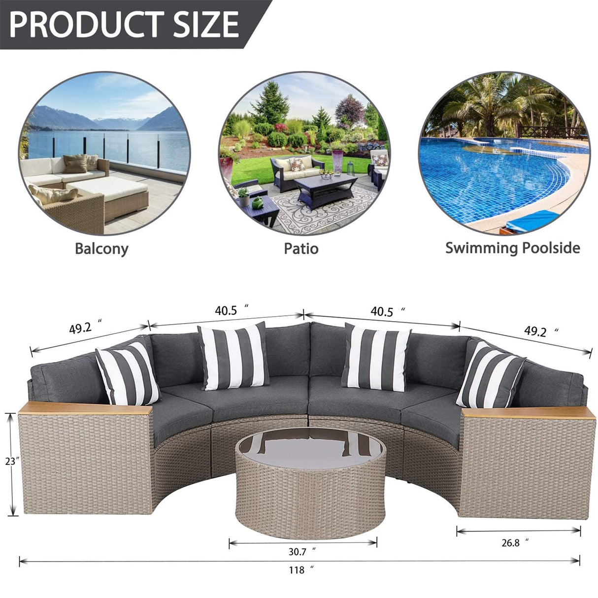 Incbruce Outdoor Half Moon Patio Furniture 5-Piece Curved Outdoor Sofa, All-Weather Outdoor Sectional Furniture Patio Conversation Sets with Round Tempered Glass Top Table (Grey Cushions) Incbruce