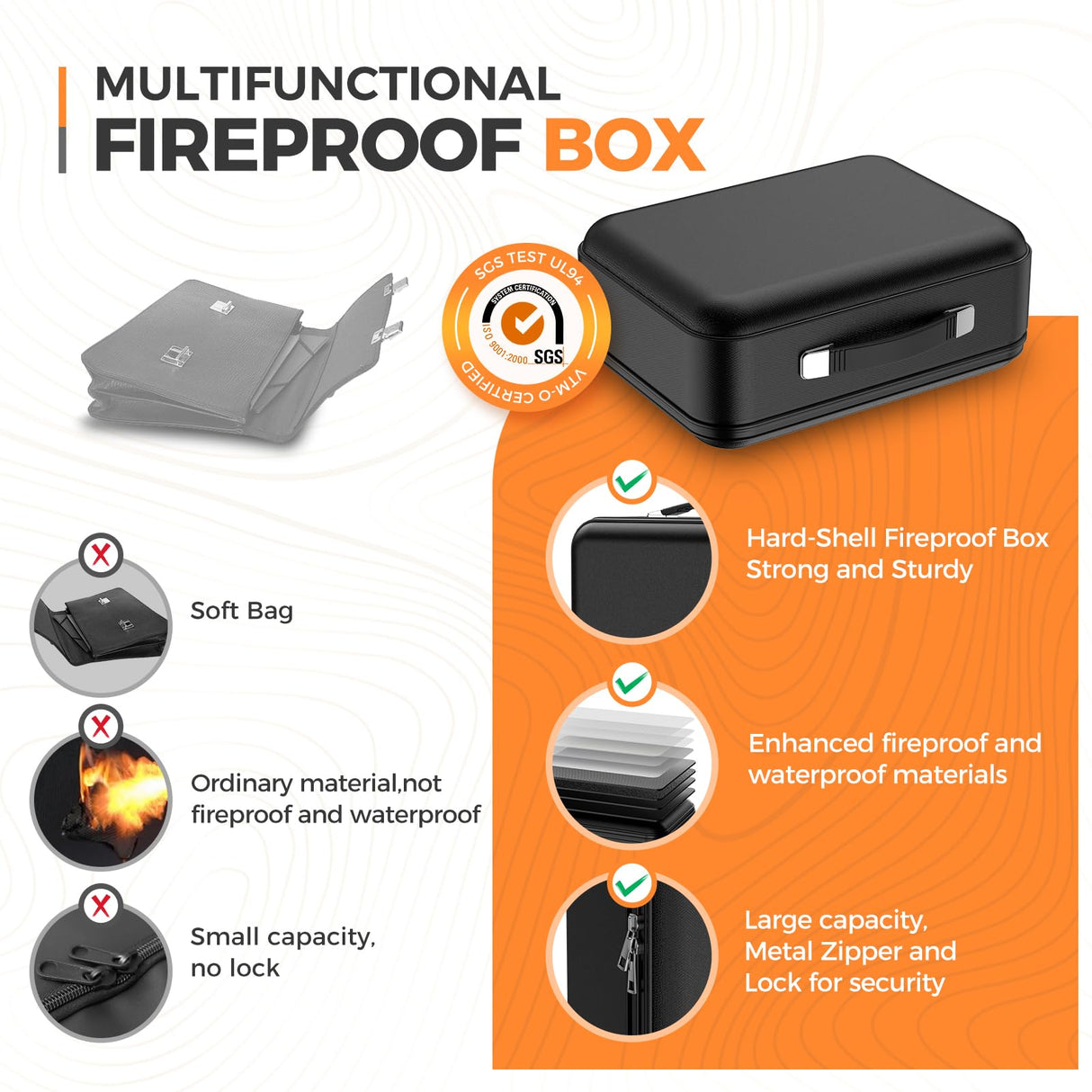 EDMUED Fireproof Document Box with Combination Lock, Fireproof Water Resistant Hard Case Safe Box for Important Documents Certificates Laptop Passports (Black) EDMUED