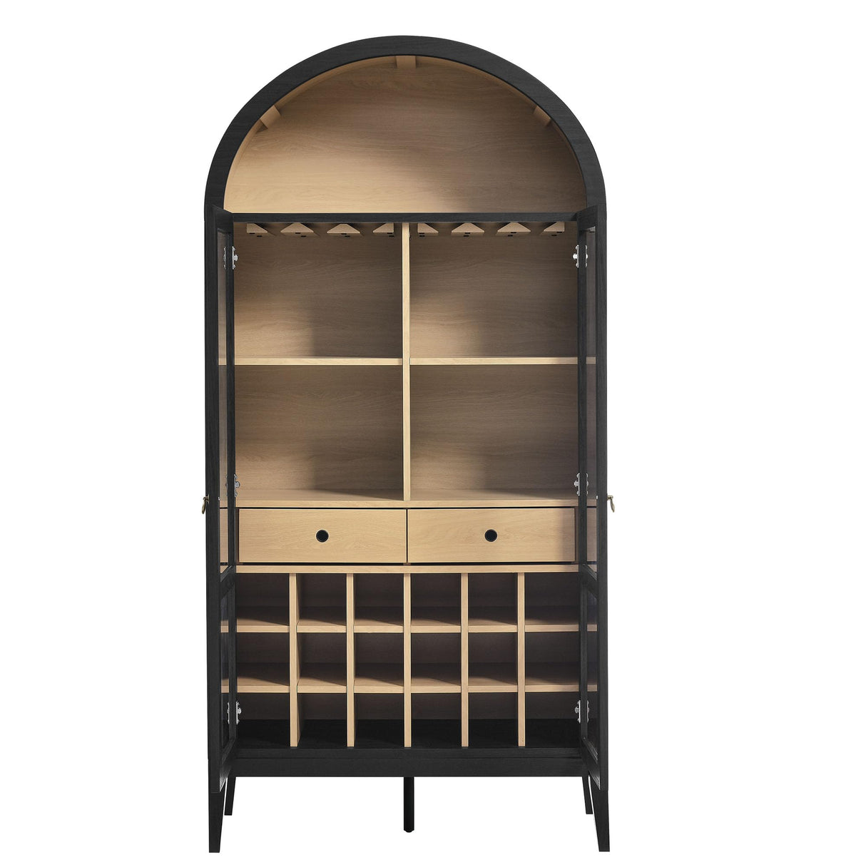 Modway Nolan Modern Farmhouse Arched Bar Cabinet in Black Wood Grain - 72 Inch Tall Wine Storage Cabinet with Glass Doors and Wine Rack - Large Liquor Cabinet for Dining or Living Room Modway