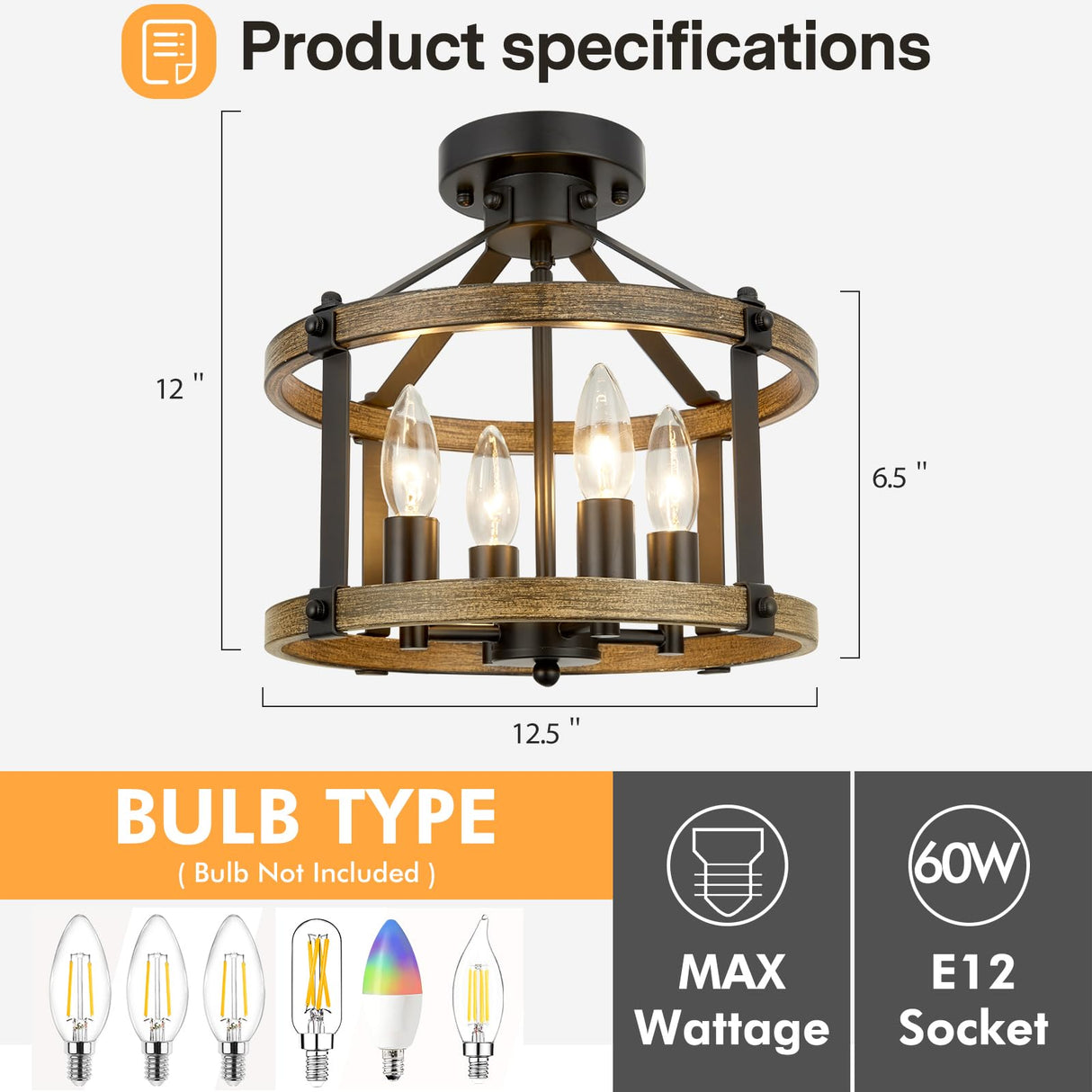 12.5" Farmhouse Semi Flush Mount Ceiling Light,4 Light Drum Rustic Semi Flush Ceiling Light,Black+Vintage Wood-Look Finish Semi Flush Light Fixture for Bedroom、Hallway、Kitchen、Laundry Room ZSANZYU