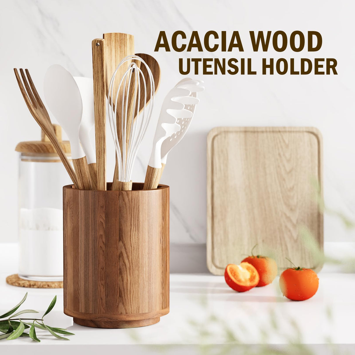 WDT Tool 7.2" Utensil Holder for Kitchen Counter Large Round Utensils Holder with Wooden Base Matte Black Cooking Utensil Holder,Kitchen Countertop Utensil Organizer (Rotating+Wooden) WDT Tool