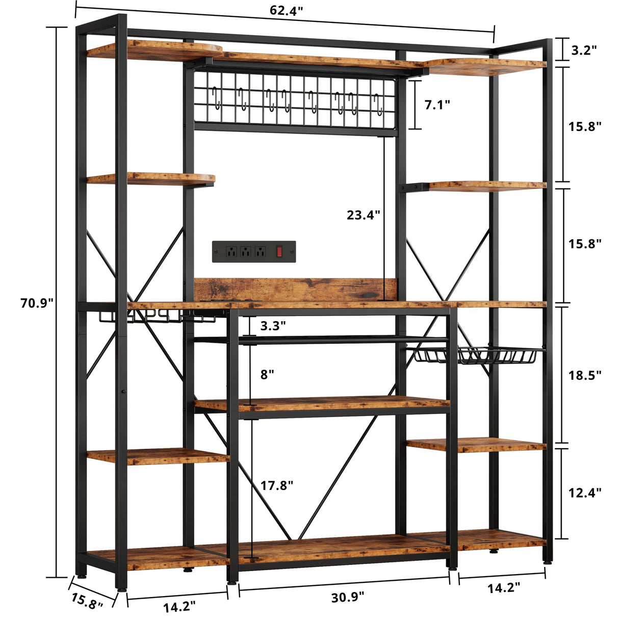 IRONCK Large Bakers Rack with Power Outlet, 62 Inch Wide Microwave Stand, Coffee Bar with Storage, Kitchen Racks and Shelves IRONCK