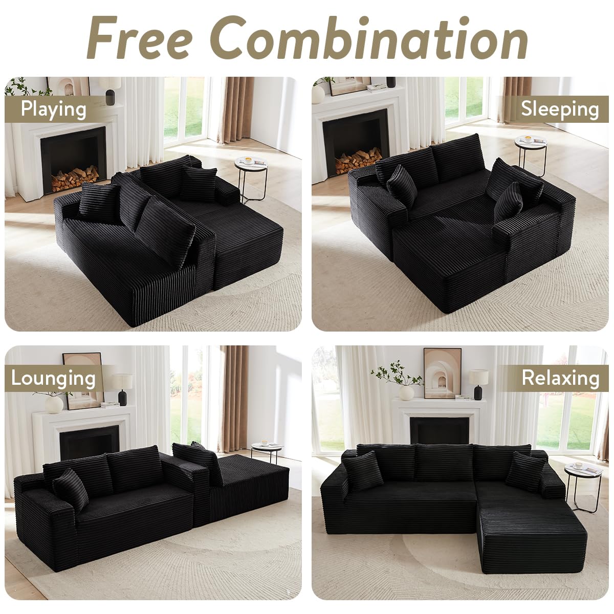 104 Inch Cloud Sectional Couch with L-Shape Chaise,Modern Upholstered Couches with Deep Seat,Corduroy Sponge Compressed Sofa for Living Room, Bedroom,No Assembly Required(Black) ZKJOLMN