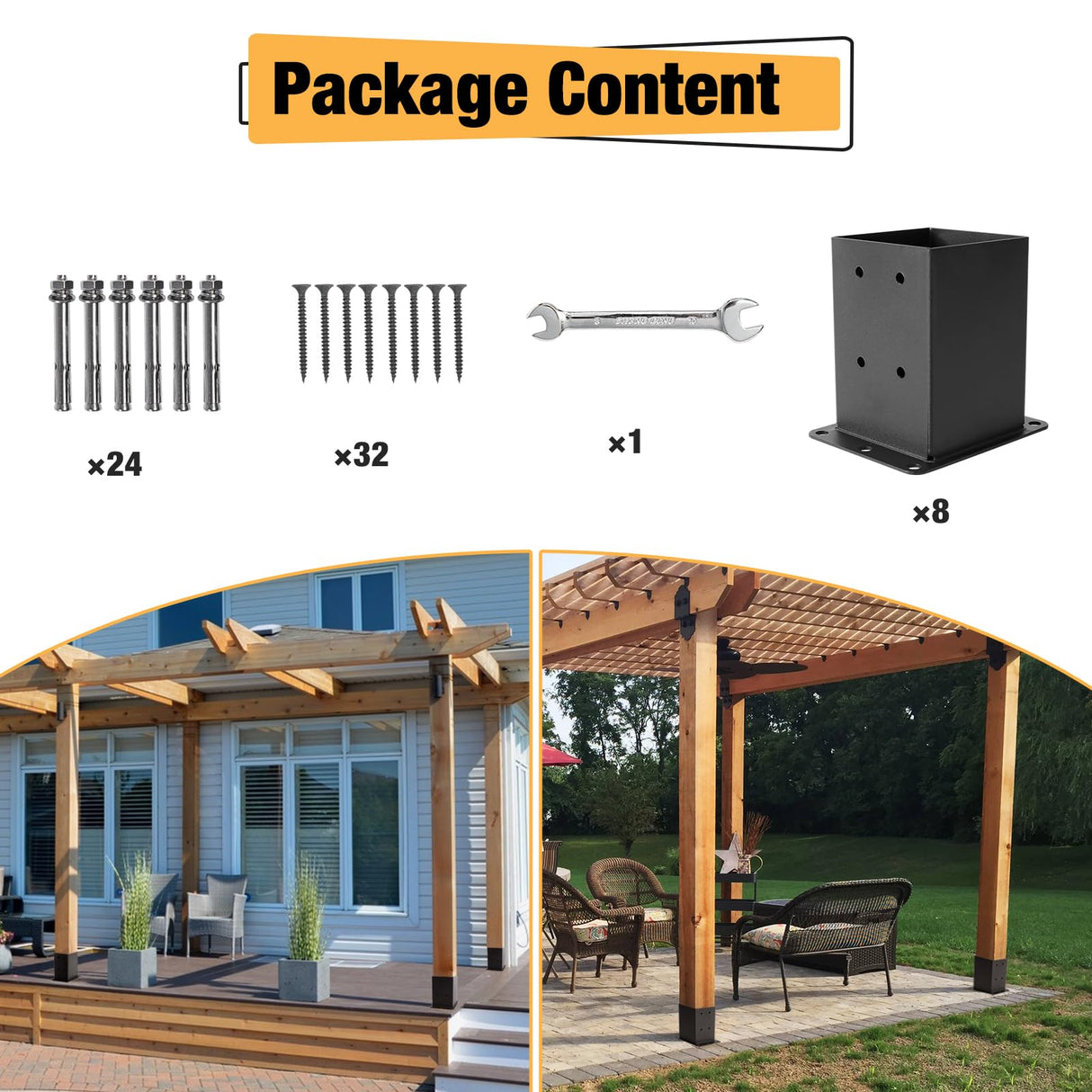 ICokin 4×4 Post Base 8 Pcs,Deck Post Brackets,Inner Size (3.6"x3.6“)Heavy Duty Powder-Coated Steel Post Bracket Fit for Outdoor Pavilion, Deck Railing ,Support Deck Base Plate,Pergola ICokin