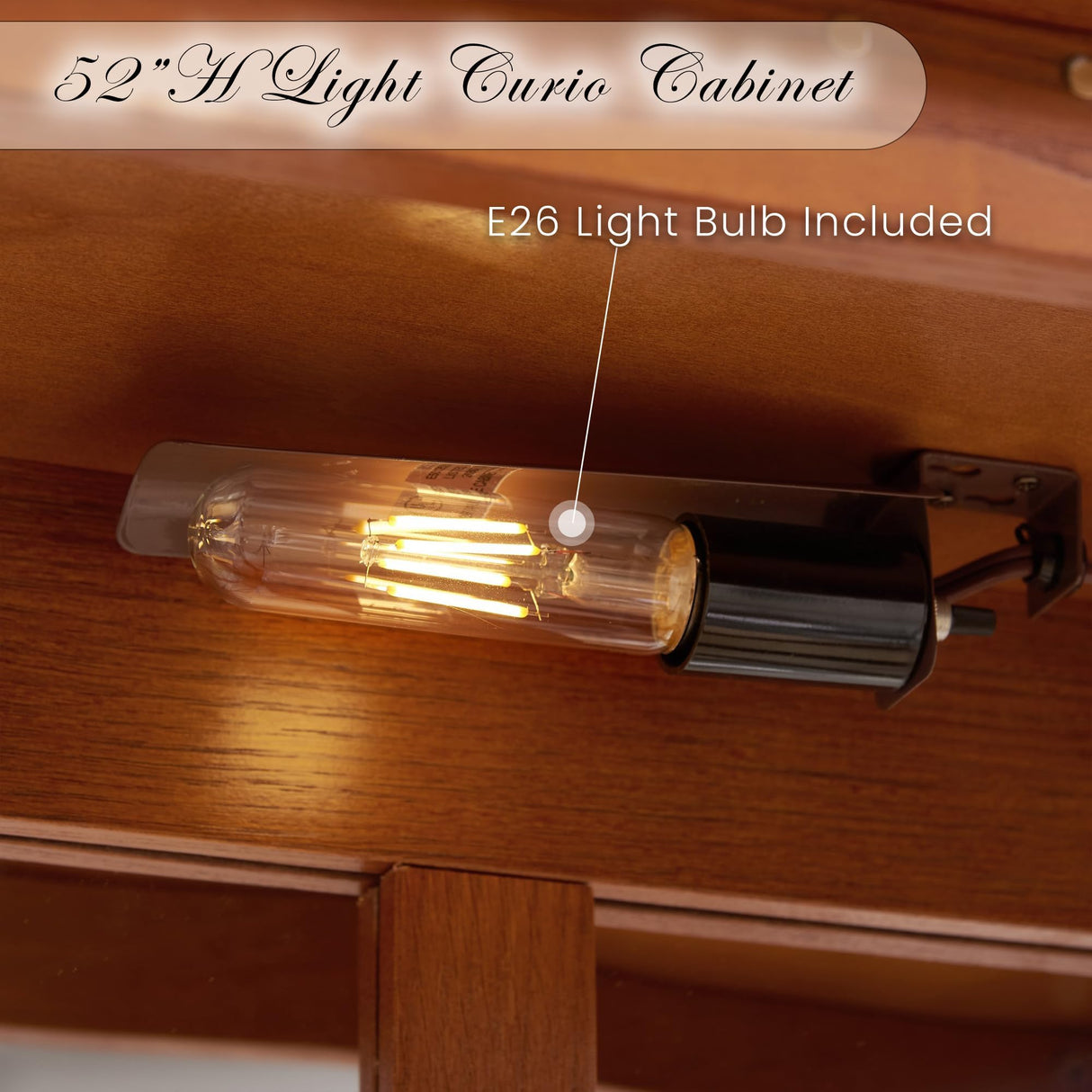 CKEASEAN Lighted Curio Cabinet, 52" H Glass Display Cabinet with Adjustable Shelves, China Cabinet with Tempered Glass Doors for Living Room, Light Blub Included (Dark Oak) CKEASEAN