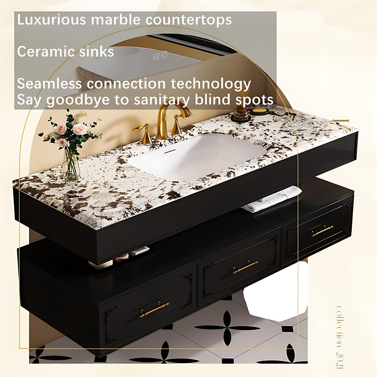 Bathroom Vanity with Sink - Single Sink Bathroom Vanity & Smart Mirror Cabinet Set, Floating Vanity Design with Bathroom Sink Cabinet, Stylish Bathroom Vanity Cabinet for Modern Bathrooms (Black, 60") ZGNBSD