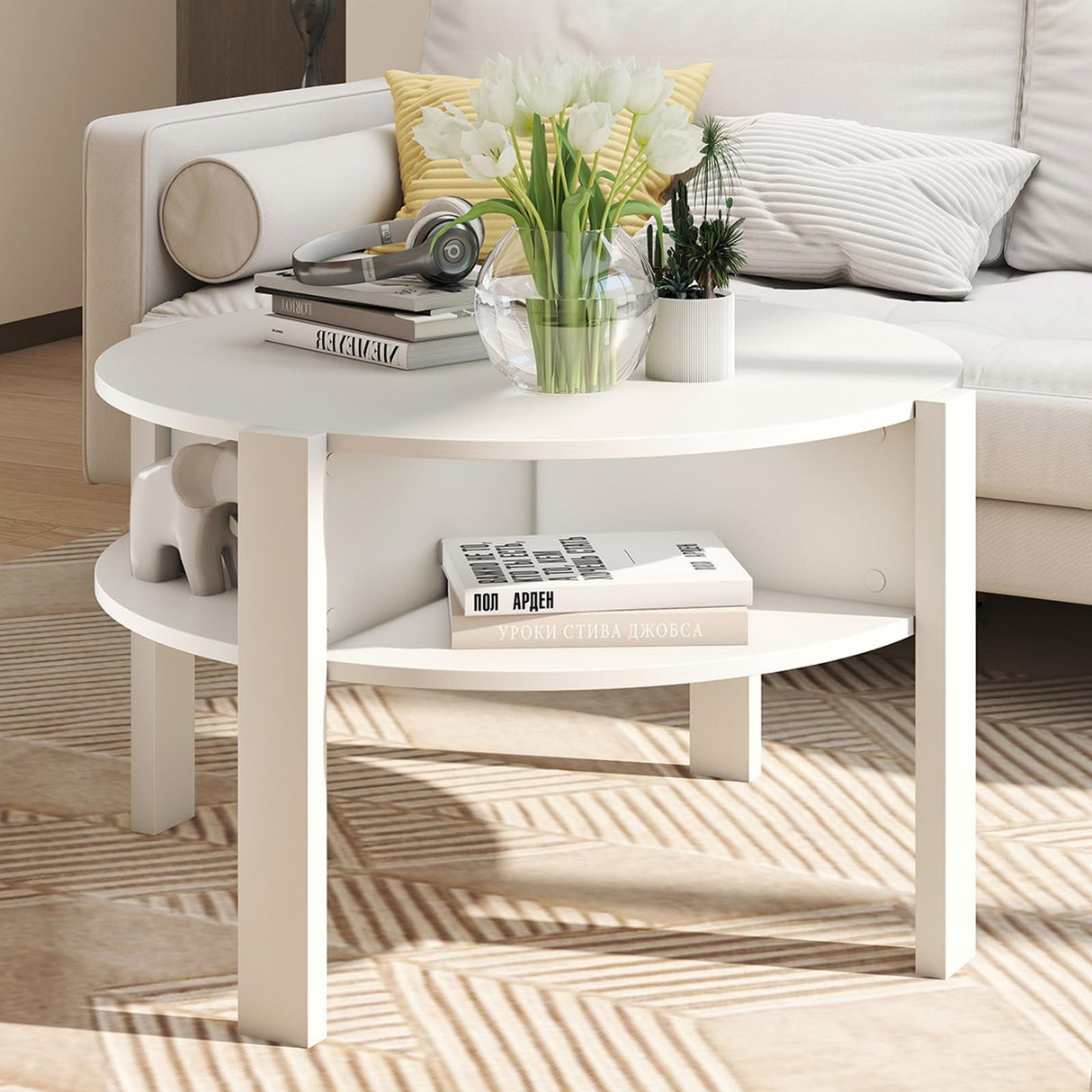 Giantex Round Coffee Table, 2-Tier Mid Century Modern Tea Cocktail Table with Storage Shelves & 4 Side Compartments, Wood Center Table for Living Room, Small Spaces (White) Giantex
