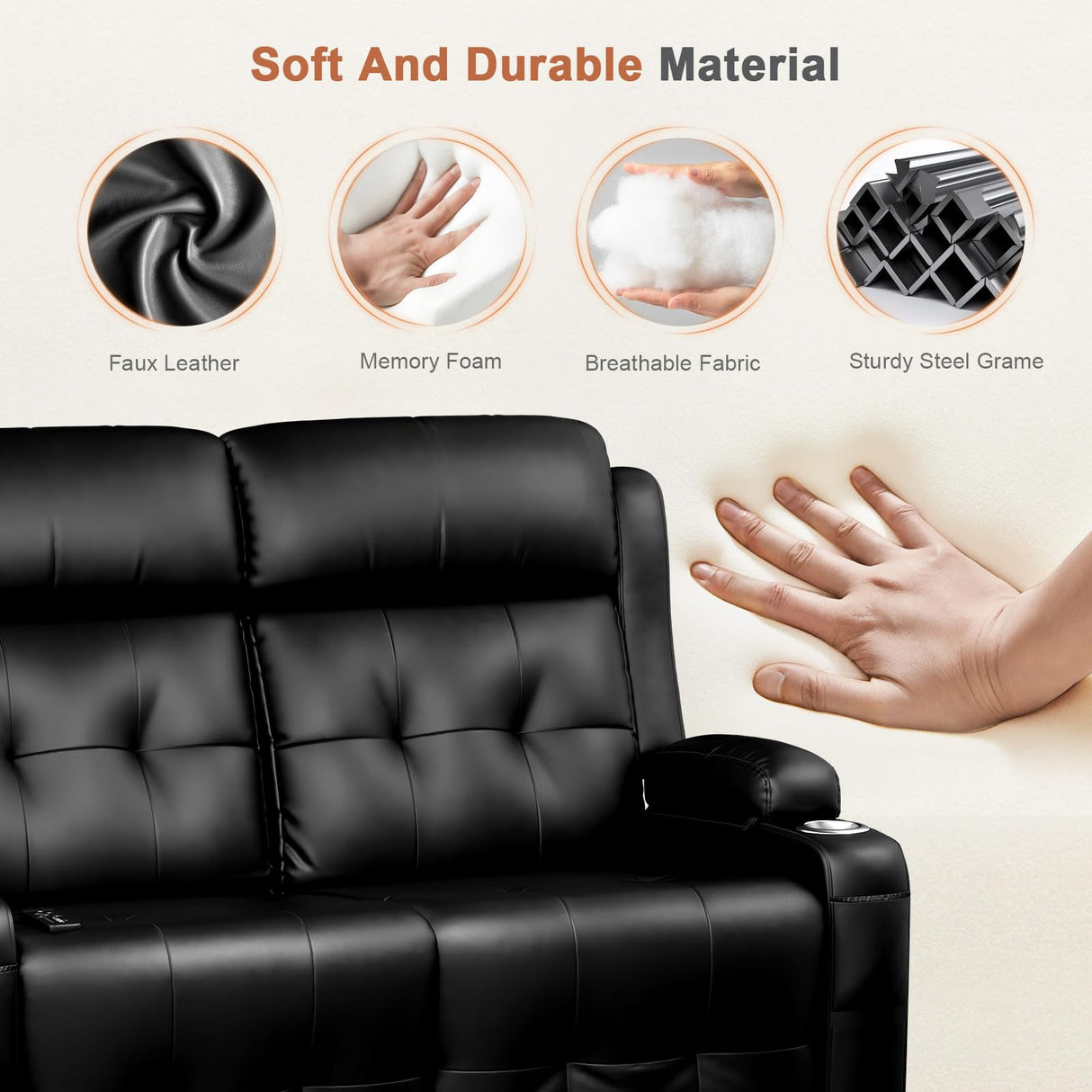 RV Loveseat Recliner Sofa, Oversized Massage Wall Hugger Recliners with Insert Pockets, Cup Holders, Reclining Couch, 150° Adjustable Recline & Padded Armrests, for RV Furniture (Black, Loveseat) Tiooii