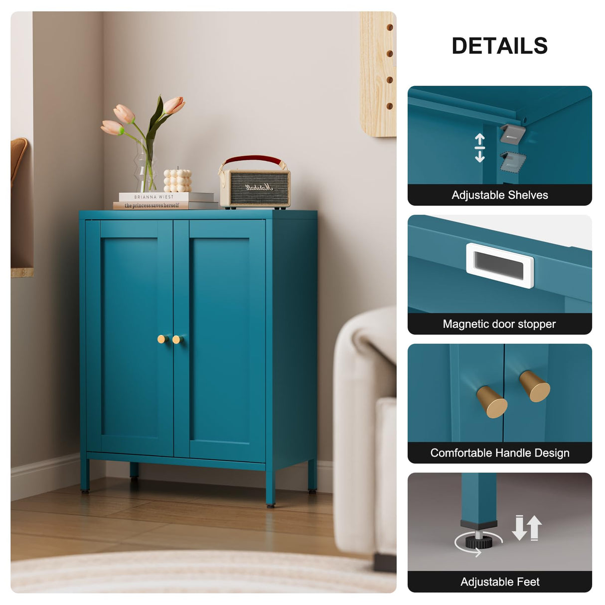 Bevivog Bathroom Floor Storage Cabinet,Metal Storage Sideboard with 2 Doors and 2 Adjustable Shelves,Modern Storage Freestanding Organizer Rust-Proof Locker,Living Room,Hallway,Blue Bevivog