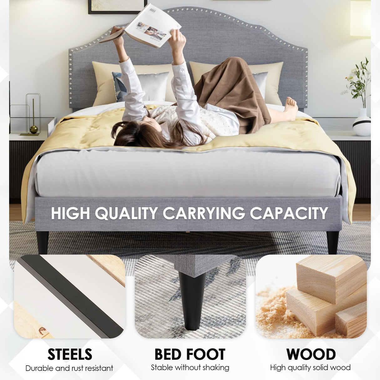 PayLessHere Queen Size Upholstered Platform Bed Frame Fully Upholstered with Fabric Headboard, Wooden Slats, No Box Spring Needed, Non-Slip & Noise-Free Design PayLessHere