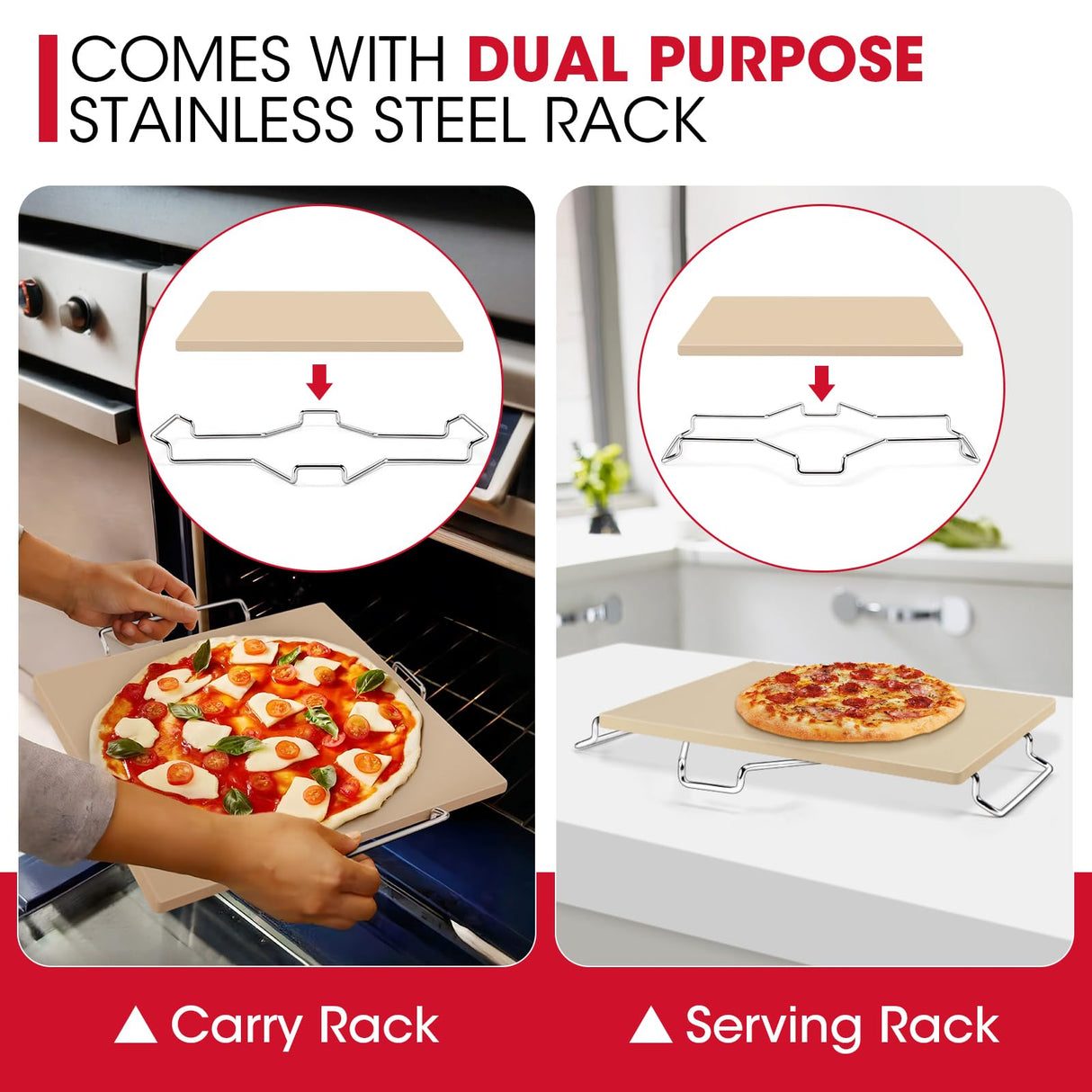 Unicook 12 Inch Square Pizza Stone for Oven and Grill, Oven Baking Stone for Bread, Cordierite Pizza Pan for Baking Crispy Pizzas, Bread and Cookies, Includes Carry Rack and Pizza Dough Scraper Unicook