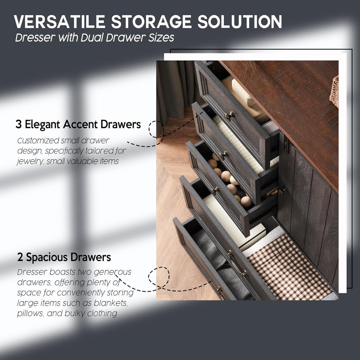 IFGET Farmhouse 5 Drawers Dresser for Bedroom, 47" Tall Chest of Drawers w/Sliding Barn Door, Rustic Wood Dressers Organizer w/Adjustable Shelves for Bedroom, Hallway, Living Room, Kitchen, Dark Grey IFGET