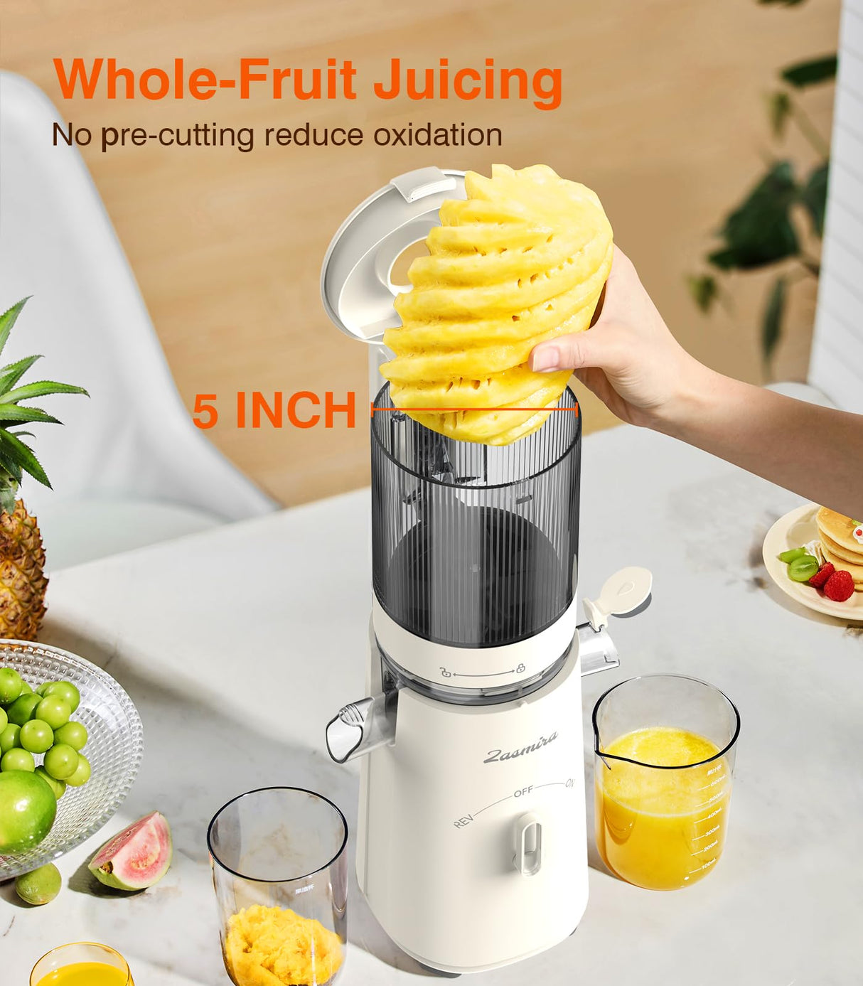 Cold Press Juicer, Updated Masticating Juicer Machines with 5" Feeding Chute Fit Whole Fruits &Vegetables, 99.6% Juice Purity, Streamlined Parts Easier to Clean/1.5L Capacity/2 Cups Included Zasmira