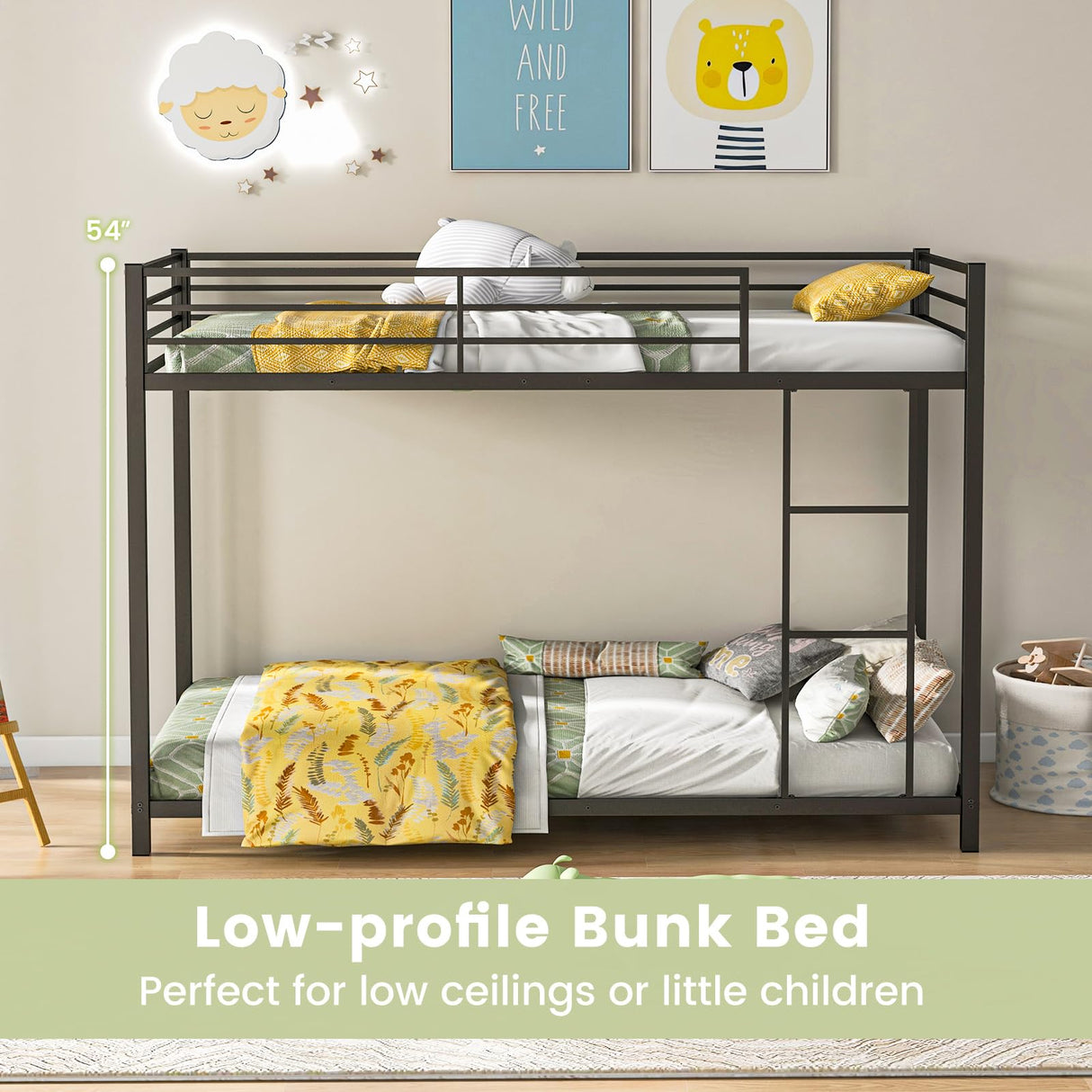Giantex Metal Bunk Bed Twin Over Twin, Low Profile Bunk Bed Frame with Ladder & Full Length Guardrail, Space-Saving Twin Size Bed Frame for Kids Teens, No Box Spring Needed, Black Giantex