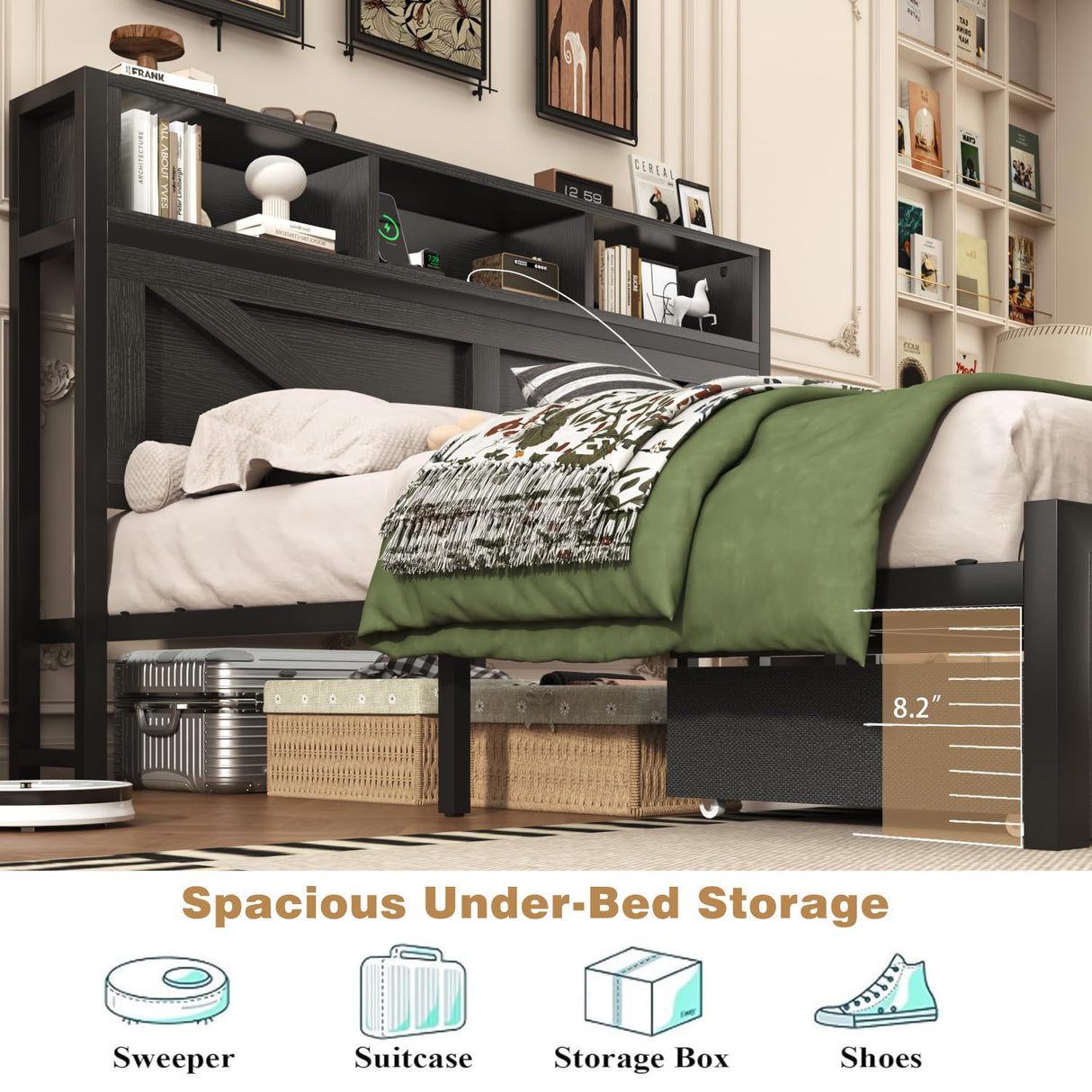 Incyneva Farmhouse Queen Bed Frame with Bookcase Storage Headboard, Charging Station, LED Light and 2 Storage Drawers, Noise Free, No Box Spring Needed, Black Incyneva