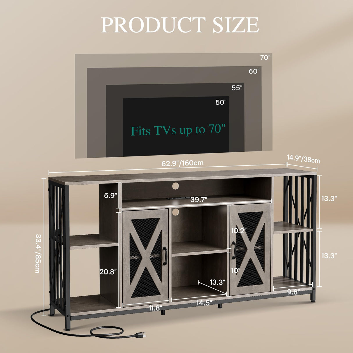 YITAHOME 33.5'' Tall TV Stands for Living Room, TV Entertainment Center with LED Light, TV Stand for TVs up to 70 Inch, Tall TV Console Cabinet with Power Outlets, Grey YITAHOME