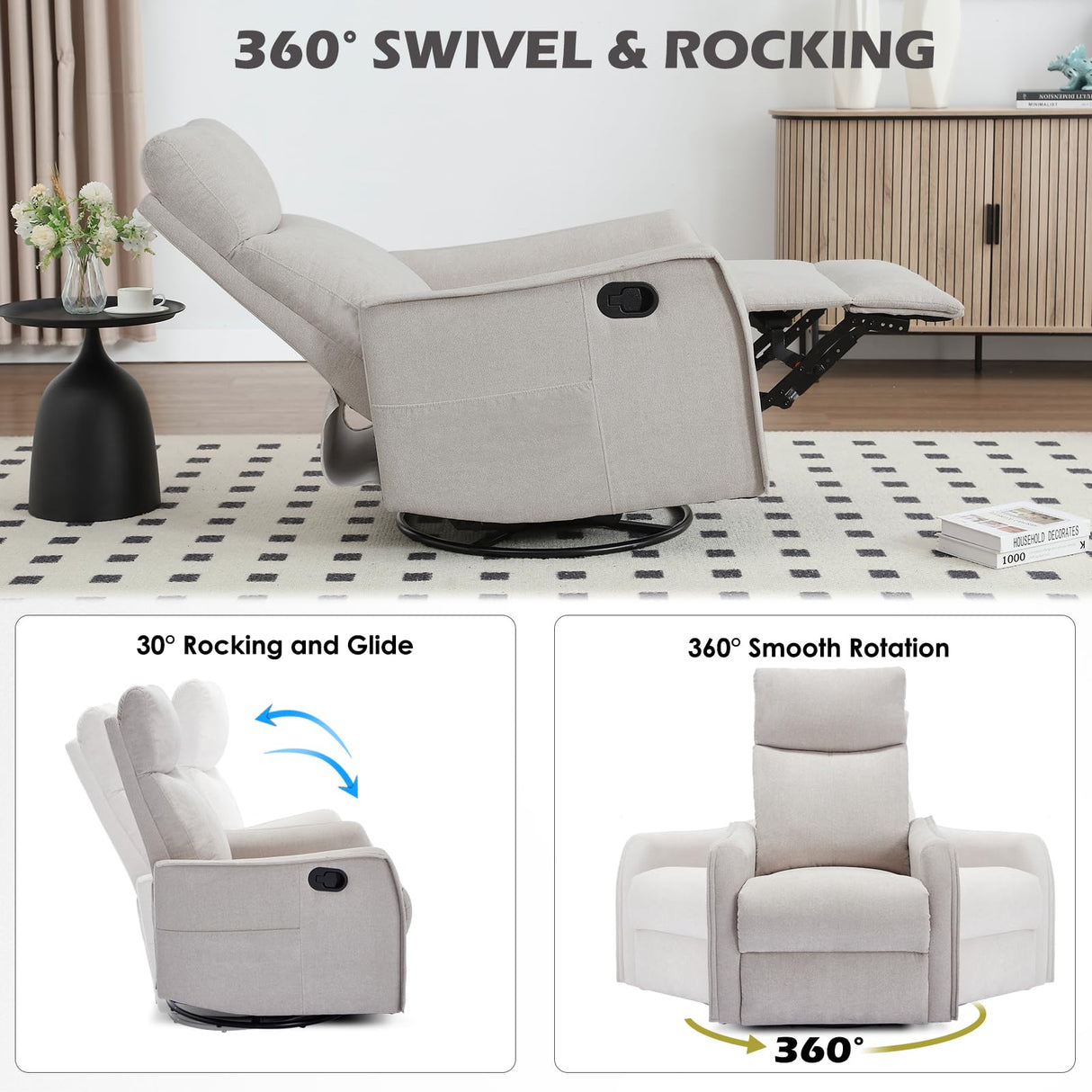 Trustyue Swivel Rocker Recliner Chair, 360° Swivel Recliner with Heat and Massage, Rocker Recliner Nursery Glider Chair with Side Pockets for Living Room (Beige, Fabric) Trustyue