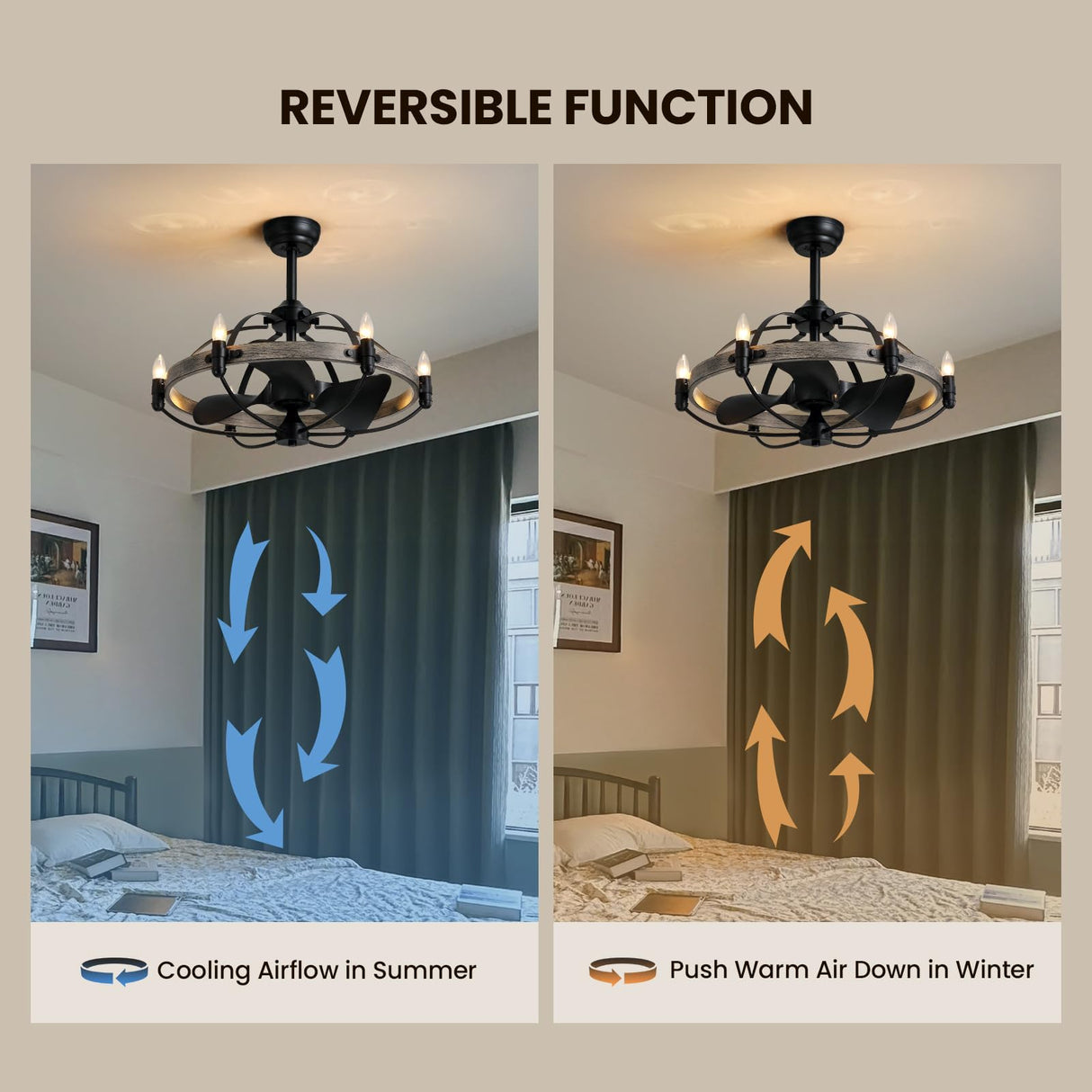 MOOONICHE 27'' Farmhouse Cage Ceiling Fan with Light Remote Control, Ash Brown Rustic Ceiling Fan with Lights,Vintage Chandelier Fan for Kitchen Dining Room Living Room MOOONICHE