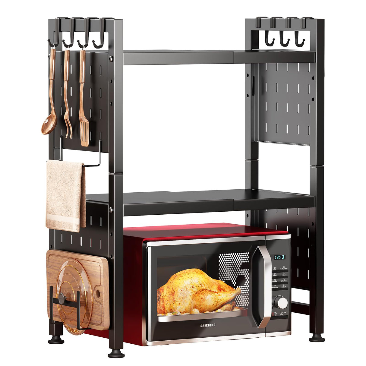 Adjustable Microwave Stand,Microwave Oven Rack Shelf Heavy Duty 3-Tier Shelf with 9 Hooks for Kitchen Shelves Counter Top Organizer, Holds 180lbs Bakers Racks for Kitchens,with Cutting Boards Stand Kitstorack