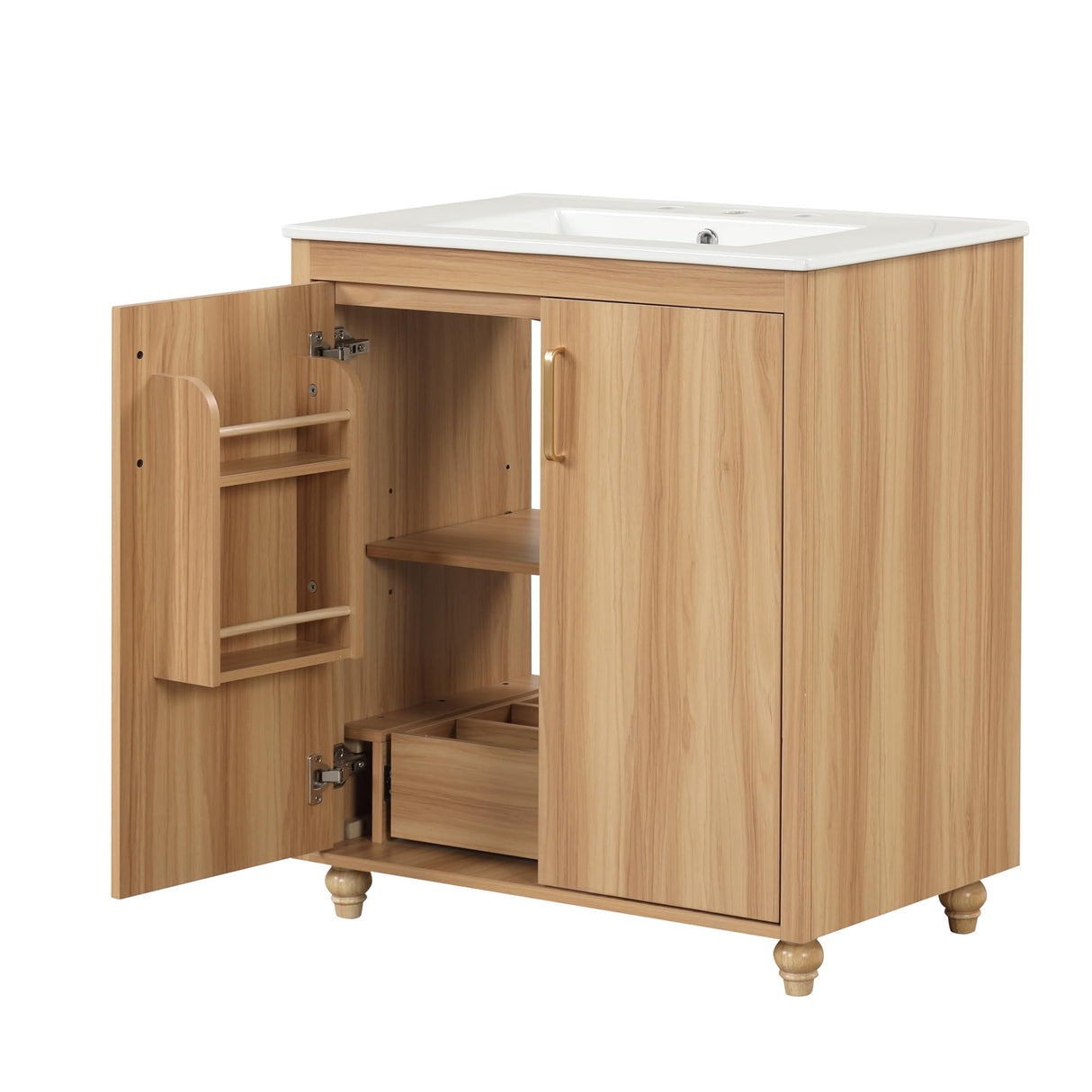 LUMISOL 30" Bathroom Vanity with Sink Combo, Wood Bathroom Storage Cabinet with 1 Drawer and 2 Doors, Multifunctional Racks, Solid Wood Bathroom Vanity with Ceramic Sink, Natural LUMISOL