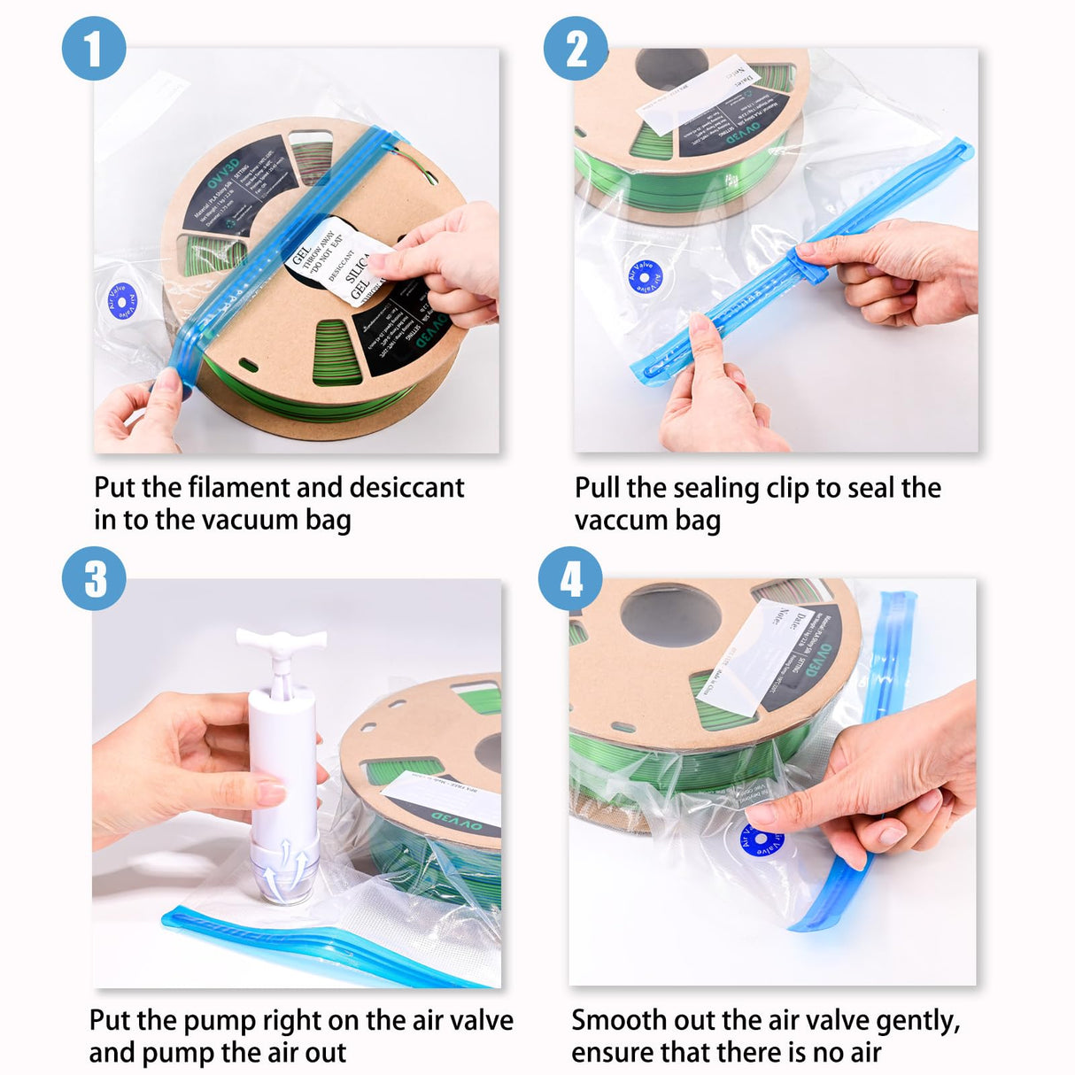 OVV3D Filament Storage Bags Kit 66pcs, 3D Printer Filament Storage 30 Bags Vacuum Sealed Kit with 30pcs Desiccant, Hand Pump, Perfect for 3D Filament Storage or Using After Filament Dryer Box OVVNYXE