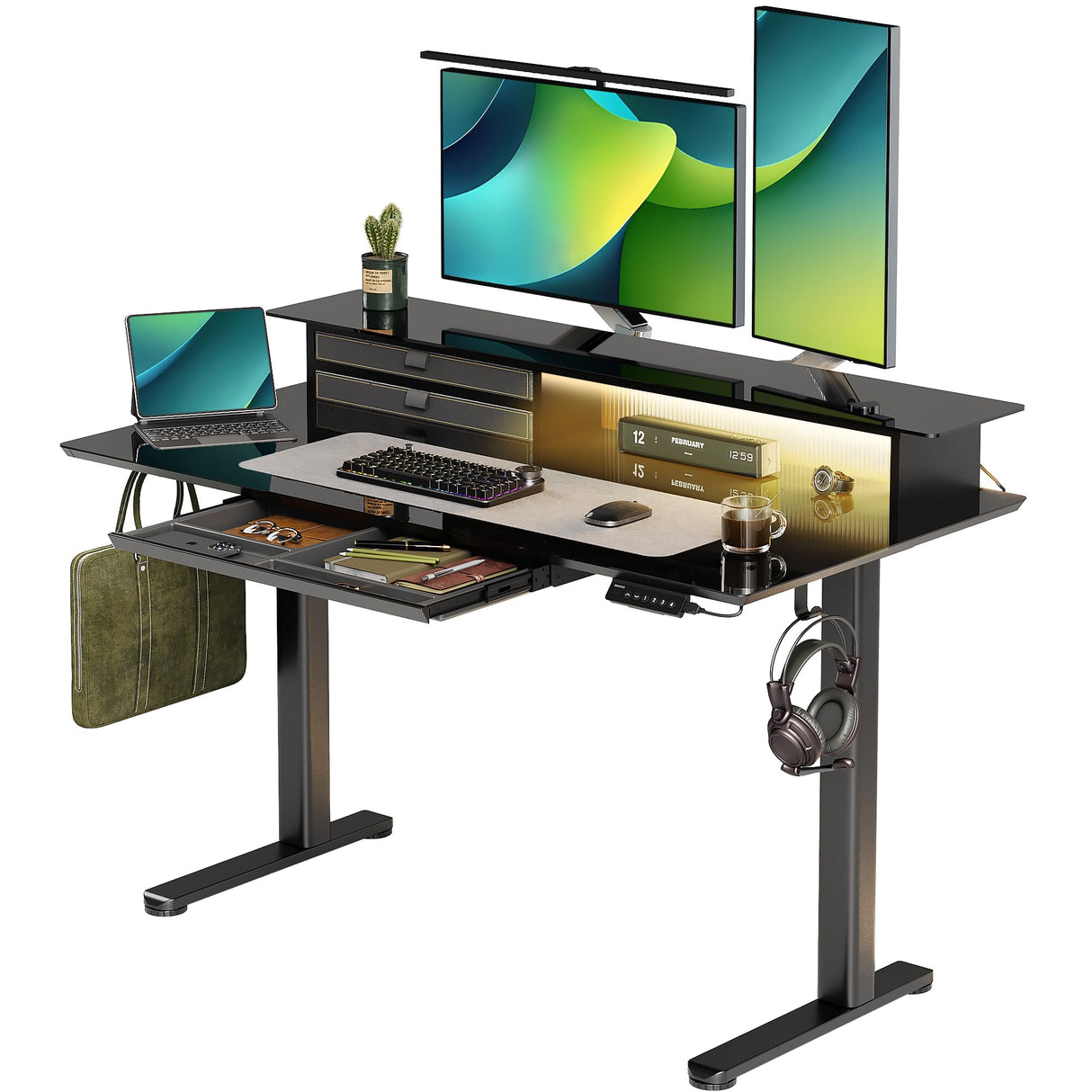 INNOVAR Glass Standing Desk with 3 Drawers, 48x24 Inch Height Adjustable Desk with USB Ports & LED Lights, Electric Stand Up Desk with Monitor Stand for Home, Office, Workstation, Black INNOVAR