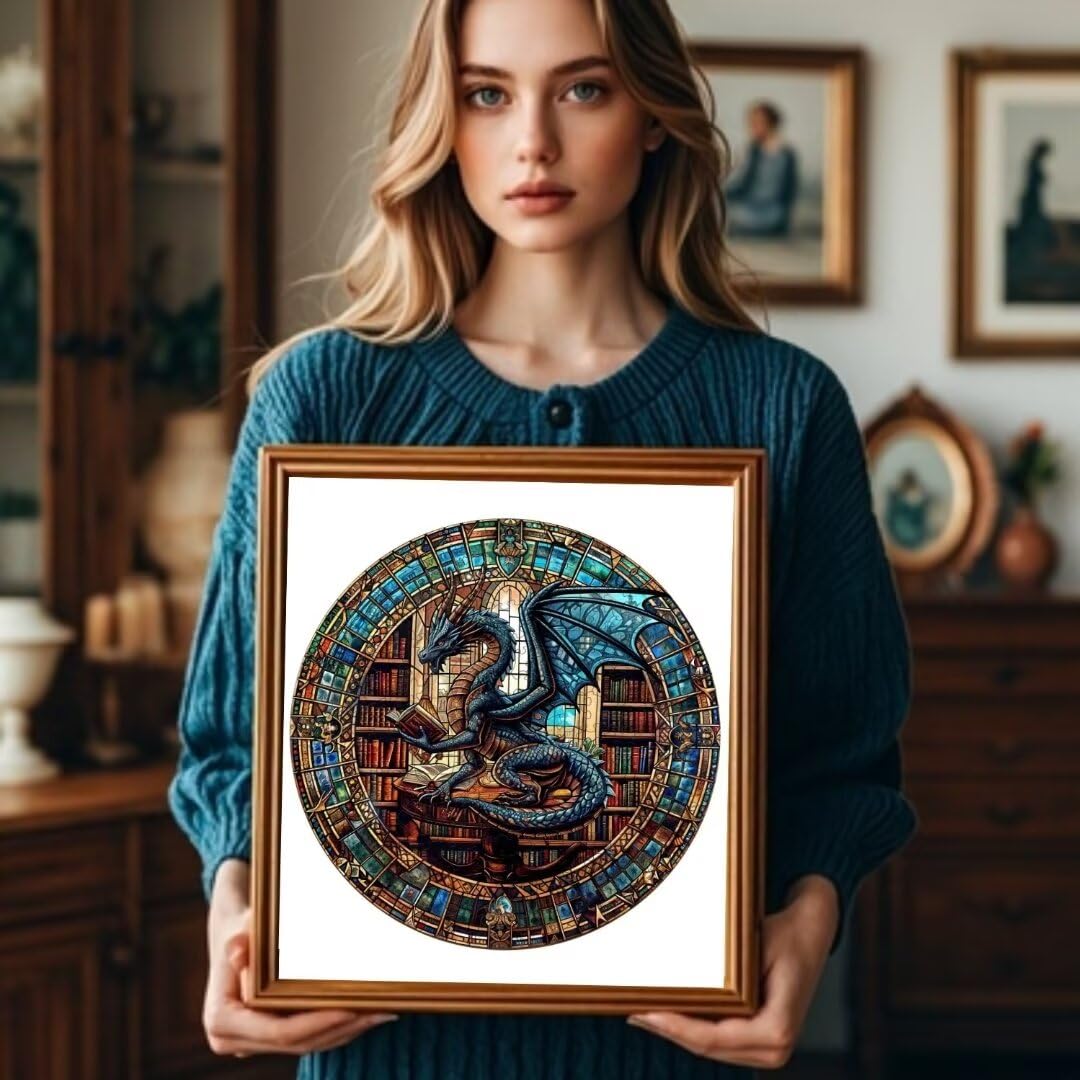 Jollitot Wooden Puzzles Adults, Dragon Library Puzzle 300 Pieces, Unique Animal Shaped Wood Challenging Jigsaw Puzzles Gifts for Adults, 13.4x13.3in Jollitot