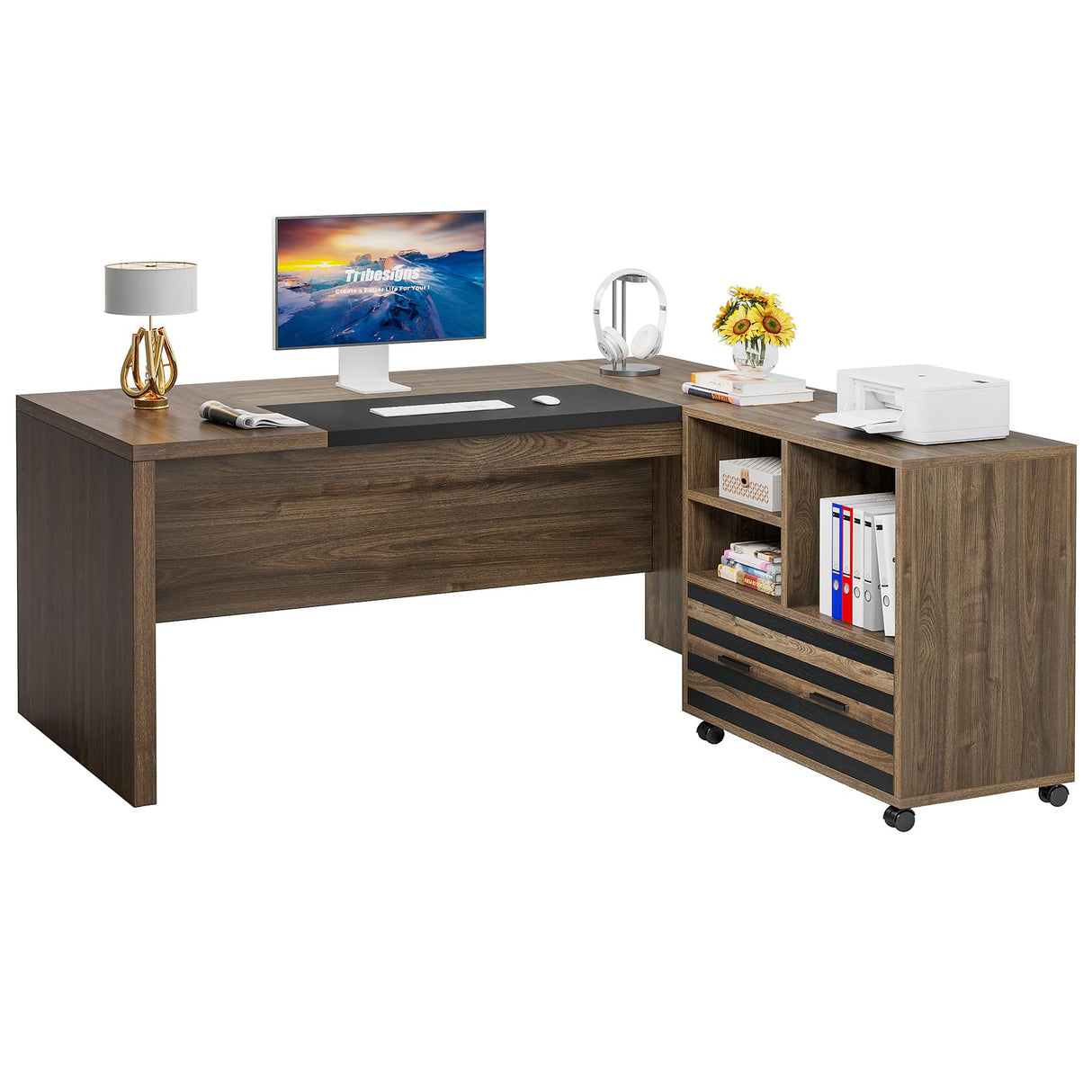 Tribesigns 62.2" Executive Desk with Mobile File Cabinet, L-Shaped Office Desk with Storage Shelves, Large Computer Desk Business Workstation Set for Home Office, Light Brown Tribesigns