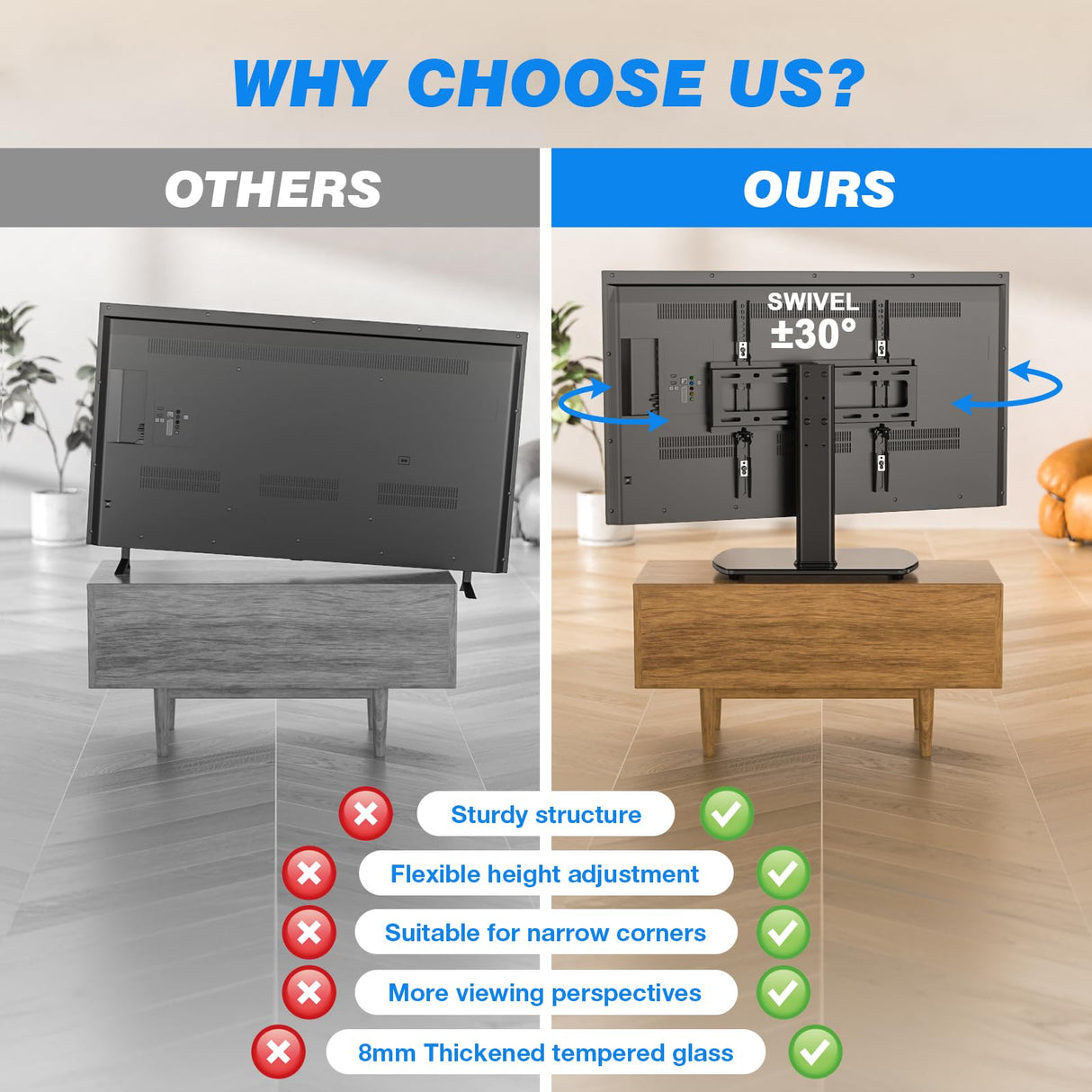 Rfiver Universal Swivel TV Stand for 27-50 55 60 Inch TVs, Height Adjustable Table Top TV Stand Mount Hold up to 88 lbs, Pedestal TV Stand with Tempered Glass Base, Replacement TV Stand Base Rfiver