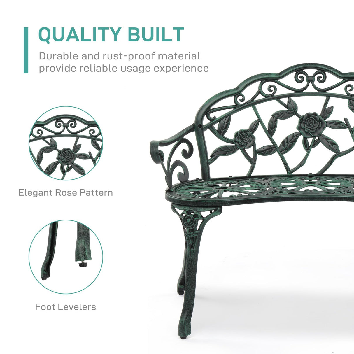 Outvita Outdoor Bench, 38" Cast Aluminum Garden Bench Anti-Rust Weather Resistant Patio Bench Rose Pattern Bench for Front Porch, Backyard, Lawn Outvita