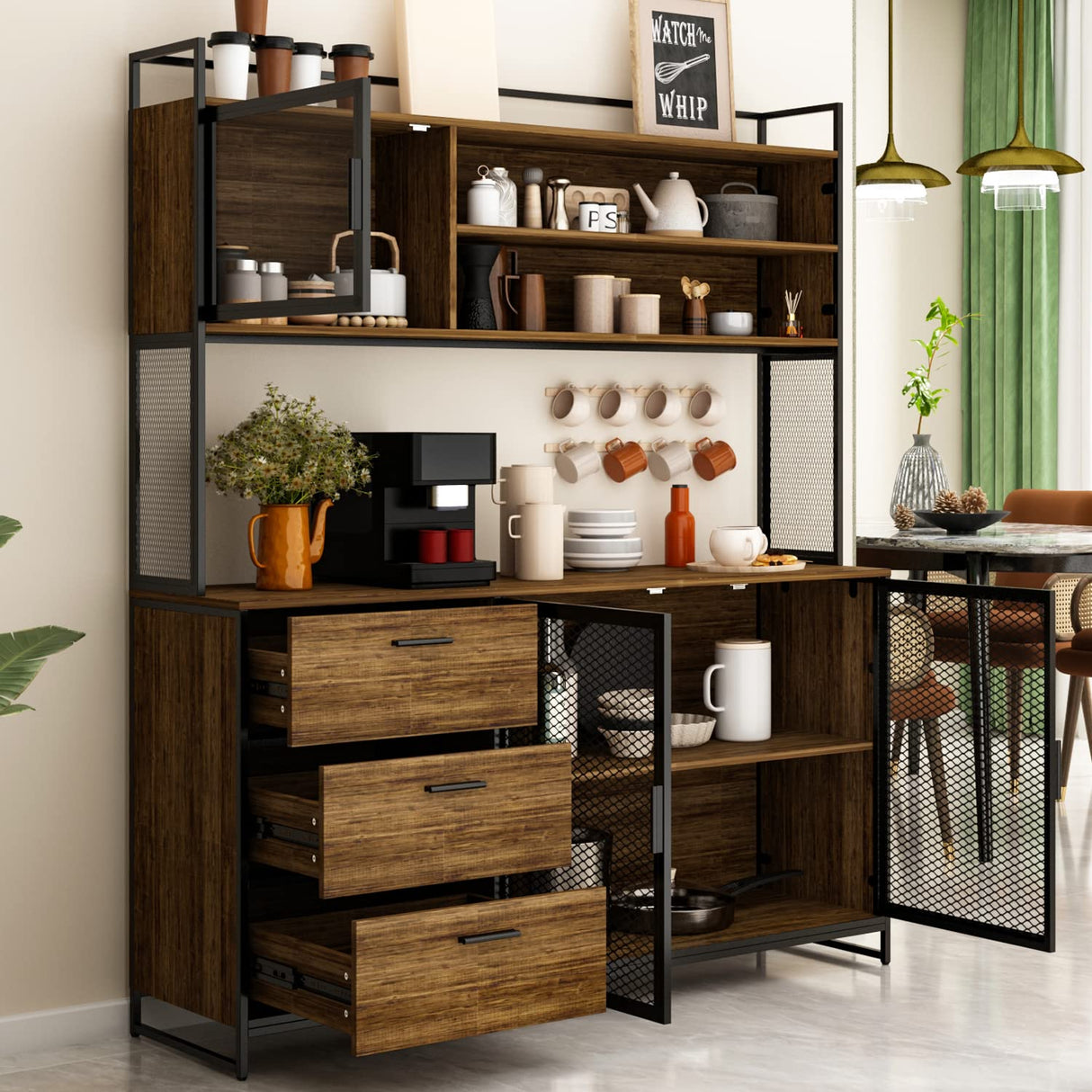 ECACAD Industrial-Style Brown Wood Sideboard Buffet with Hutch, Metal Mesh Doors, and Versatile Storage Solutions ECACAD